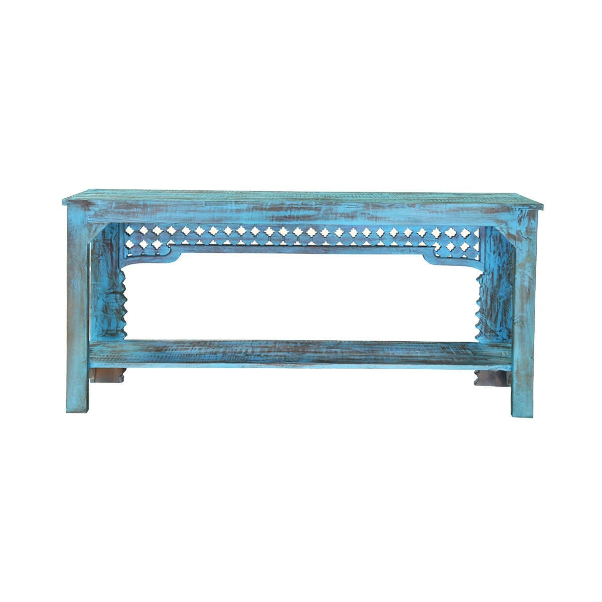 Hand Carved Solid Wood Hall Side Table - Rustic Blue Finish - Entryway, Living Room & Bedroom Accent Furniture