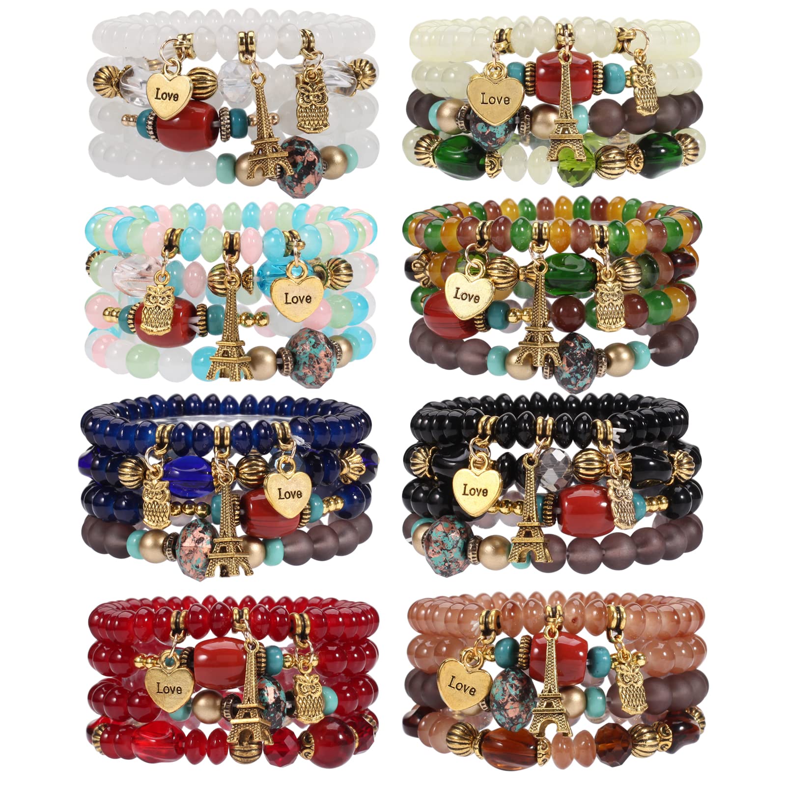 WuCuifu 8 Pack Bohemian Stackable Bracelets for Women - Multilayered Stretch Beaded Bracelet Set, Handmade Ethnic Jewelry for Casual Wear, Festival, Beach & Everyday Fashion Accessories