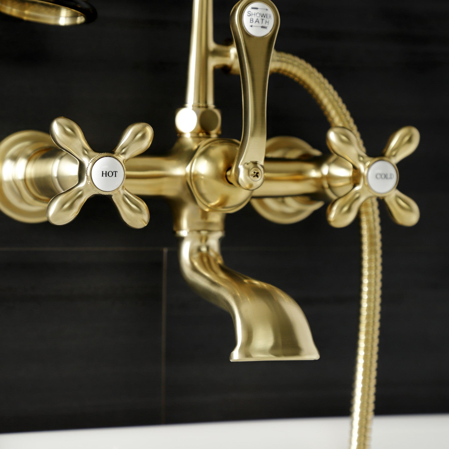Vintage Clawfoot Tub Faucet with Hand Shower - 3 Handle Wall Mount Brushed Brass Bathroom Fixture for Antique & Classic Bathrooms