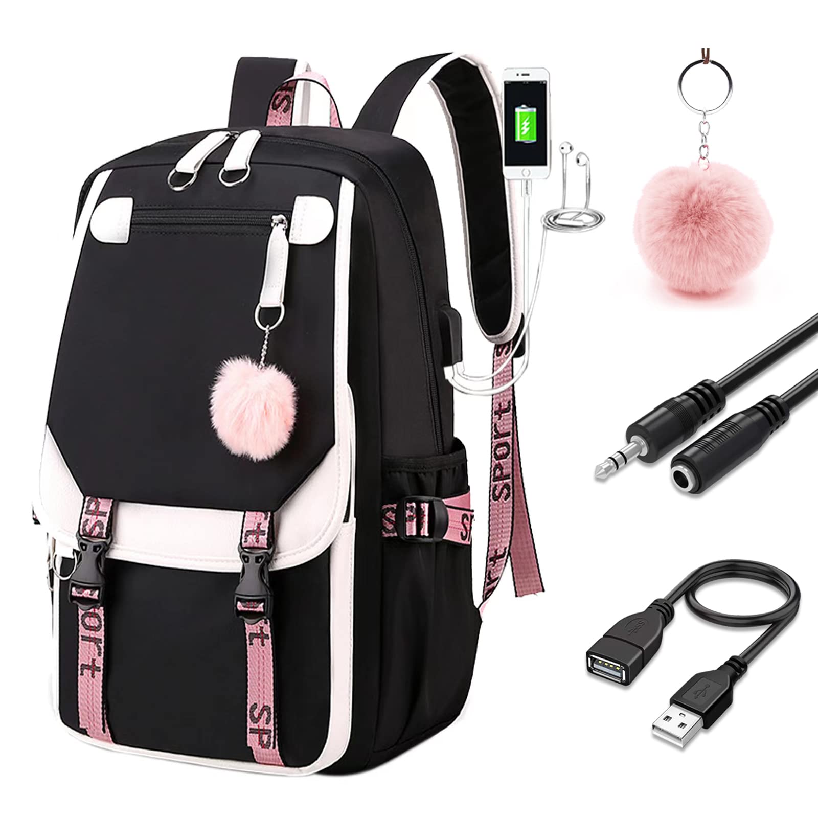 Stylish Stitched Backpack for Teens & School - USB Port Laptop Book Bag (Black) | Perfect for Daily Commute, College Classes & Travel