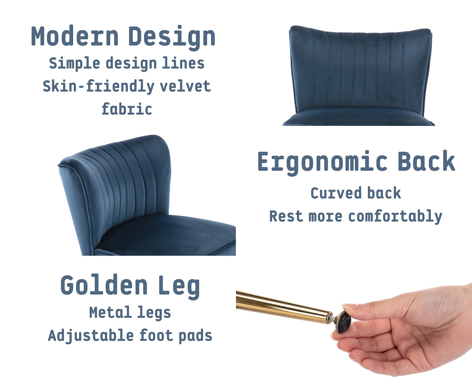 Velvet Accent Chairs Set of 2 - Mid-Century Modern Upholstered Side Chairs with Golden Legs - Blue Slipper Chairs for Living Room, Guest Room & Corner Seating - Comfy Armless Wingback Sofa Chairs for Relaxing & Home Decor