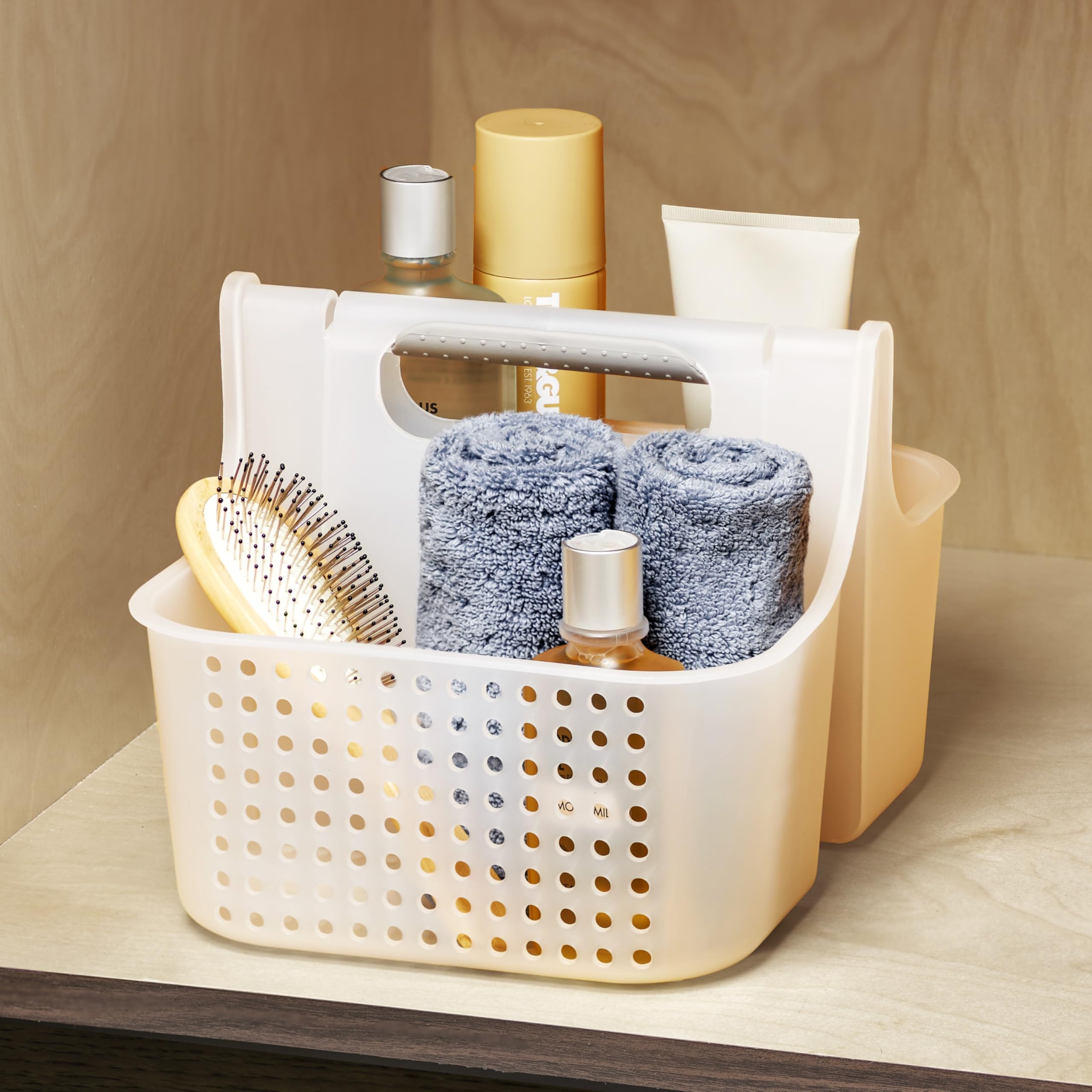 Madesmart 2-Compartment Soft Grip Shower Tote for Bathroom Organization - Plastic Storage Shower Caddy Bucket with Large Capacity - Frost Design - Perfect for Bath Essentials, Travel & Spa Use