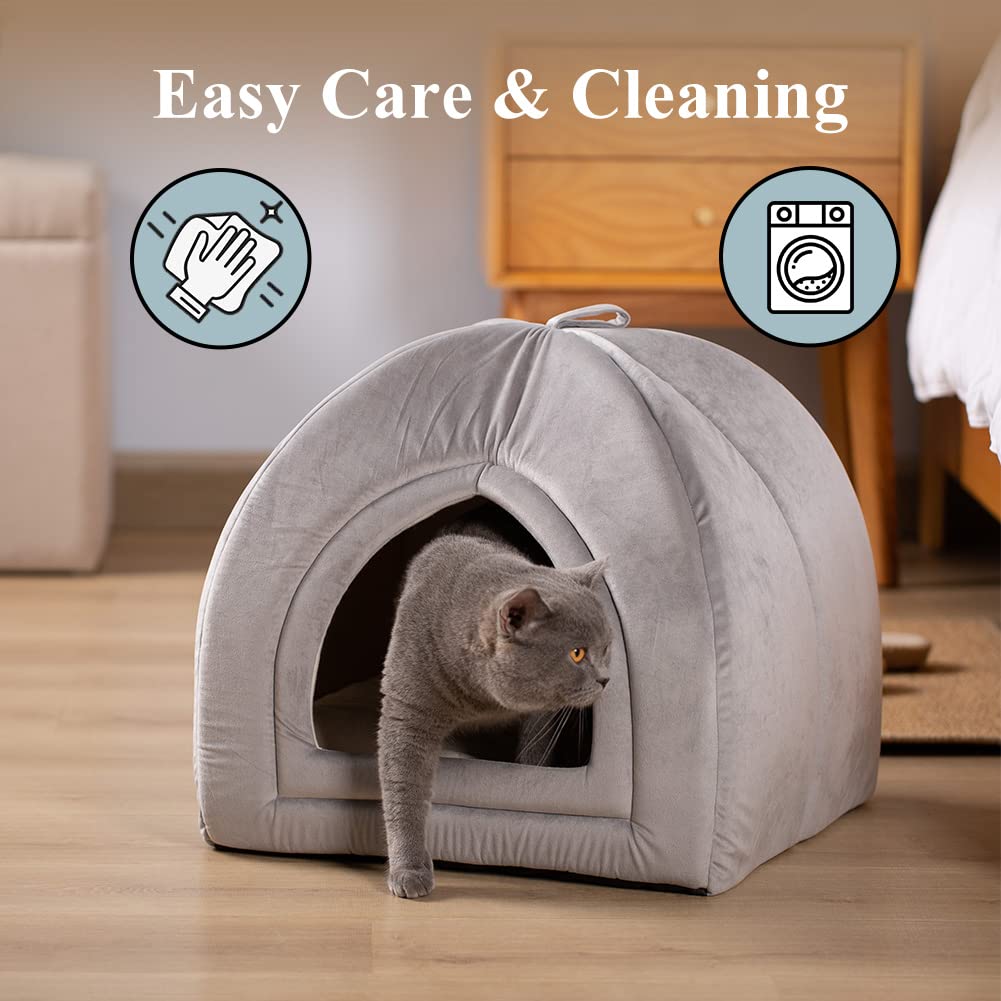 KASENTEX 2-in-1 Cat Bed & House for Indoor Cats - Washable Pet Cave Tent with Removable Cushion for Kittens, Small Cats & Dogs (15x15x15 Grey) - Perfect for Living Room, Bedroom & Pet Play Areas