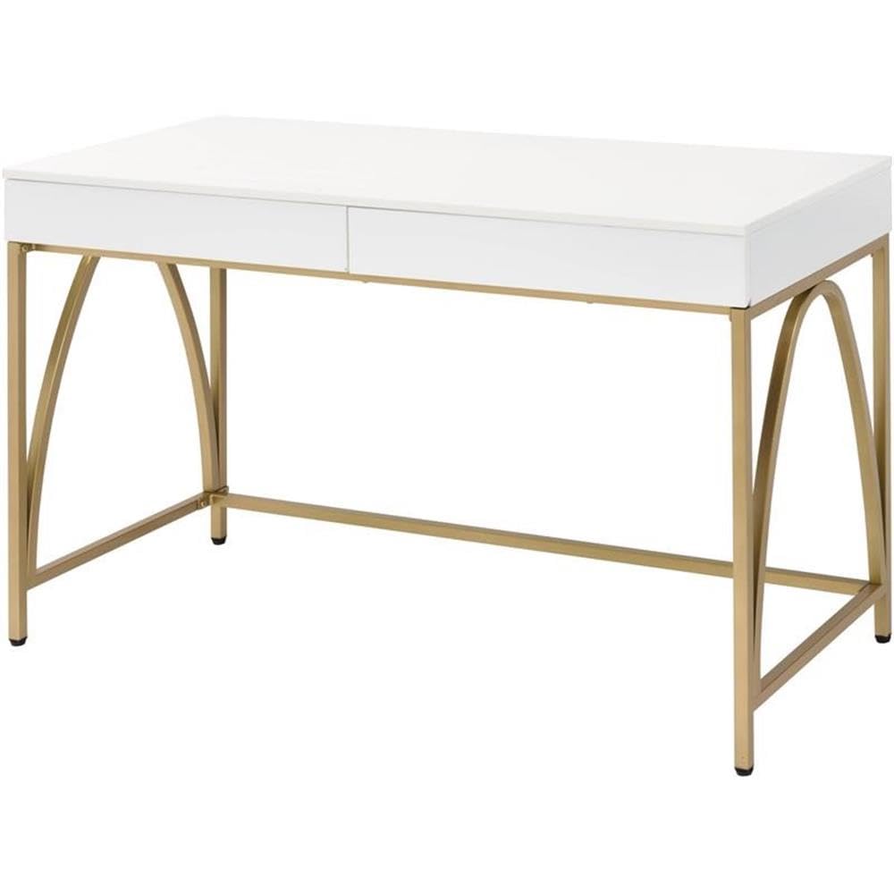 BOWERY HILL Contemporary Vanity Desk - White High Gloss Finish with Gold Accents | Modern Dressing Table for Bedroom, Makeup Station & Home Office