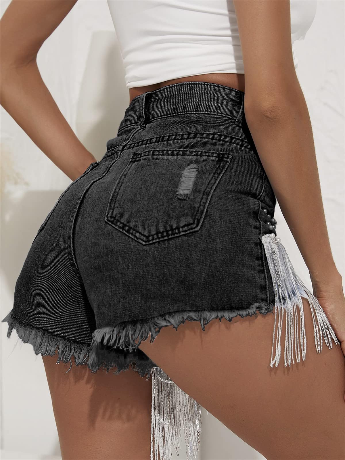CYLADY Women's High Waisted Ripped Denim Shorts with Frayed Raw Hem & Tassels - Trendy Distressed Jean Shorts for Summer Outfits, Beach Vacations and Casual Street Style