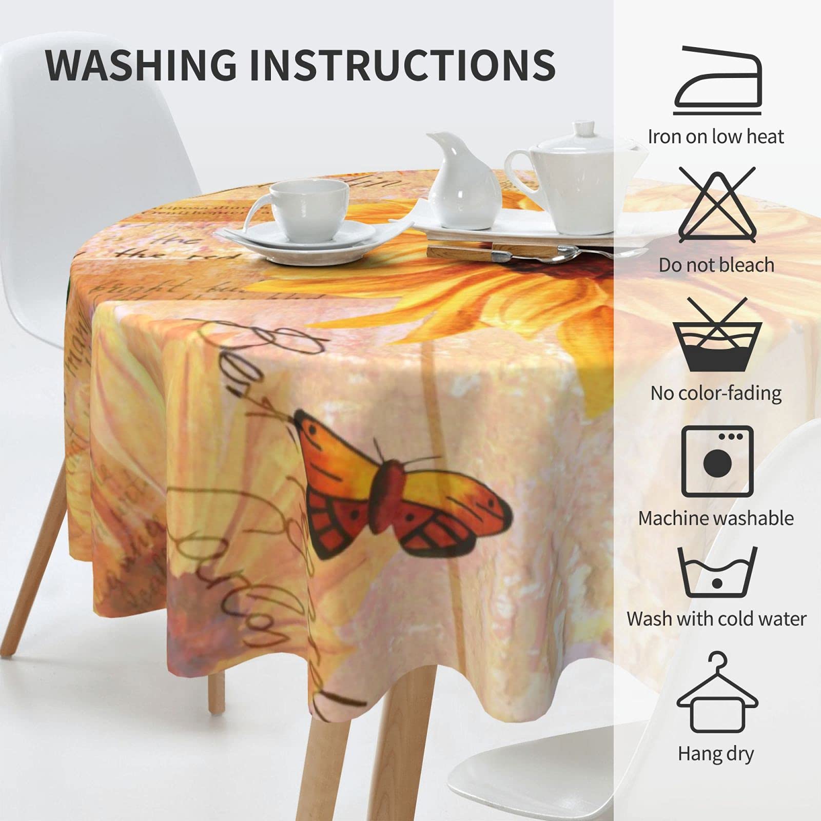 Vintage Sunflower Butterfly Round Tablecloth - 60 Inch Washable Thick Table Cover for Kitchen, Dining Room, Party Decor | Perfect for Daily Use, Outdoor Picnics, Holiday Gatherings & Home Decoration | Ideal for Farmhouse Style, Wedding Reception, and Spring Tea Party Decorations