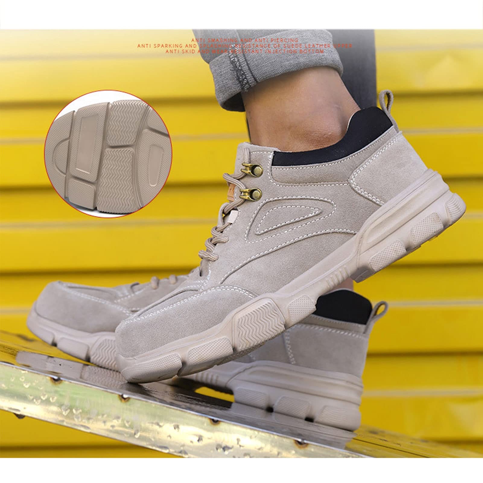 **Men's & Women's Steel Toe Safety Shoes - Lightweight Non-Slip Work Boots for Construction, Warehouse & Industrial Use (Beige, Size 47)**
