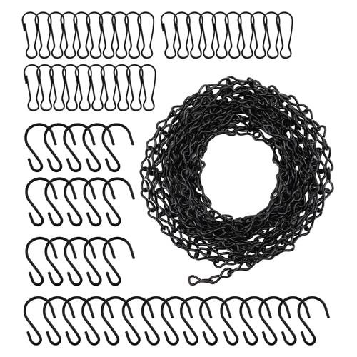 Suwimut 157 Inch Black Metal Hanging Chain with 30 S Hooks & 30 Clips - Heavy Duty Decorative Chain for Bird Feeders, Wind Chimes, Plant Hangers, Lanterns, Grow Lights - Indoor Outdoor Home & Garden Decor