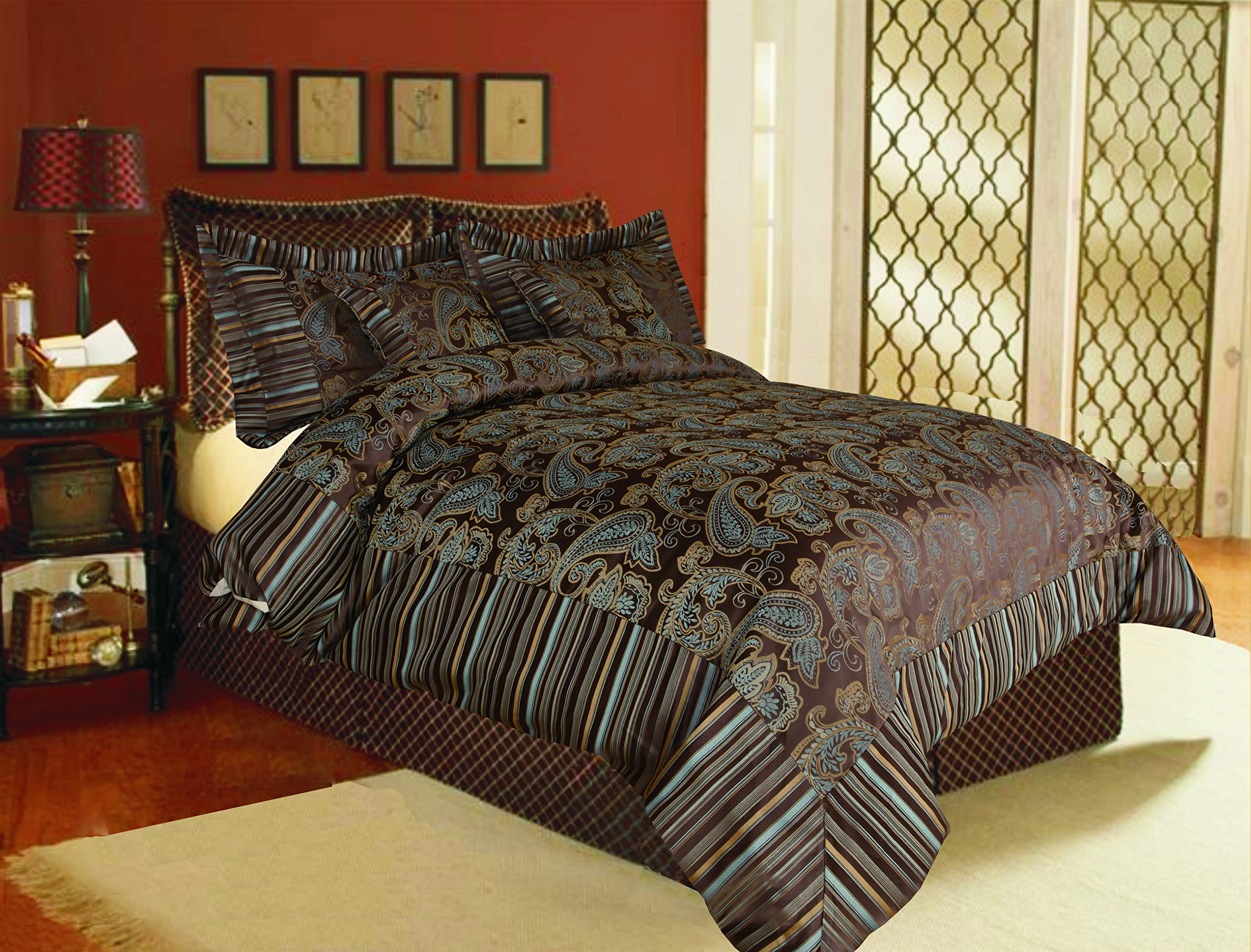 Tache Brown Paisley Jacquard Comforter Set - 6 Piece Chenille Eastern Spring Embroidered King Size Bedding | Luxury Bedroom Decor for Master Suite & Guest Room