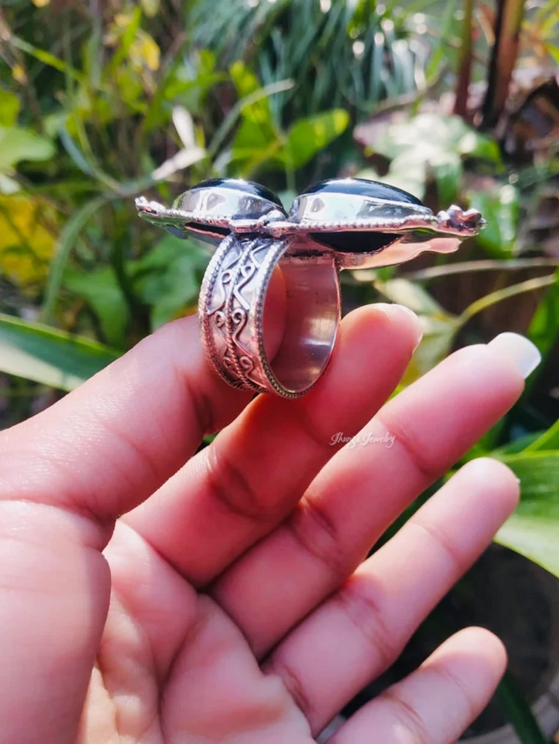 Black Onyx Ring - 925 Sterling Silver Handmade Boho Statement Ring | Artisan Designer Wedding Promise Ring | Vintage Pear Shape Onyx Silver Jewelry for Women - Perfect for Boho Chic, Evening Wear & Special Occasions