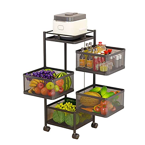 5-Tier Rotating Mesh Storage Cart with Wheels - Multifunctional Kitchen, Pantry, Bathroom & Office Organizer for Fruits, Vegetables, Home Supplies - Space-Saving Rolling Utility Shelf for Small Spaces