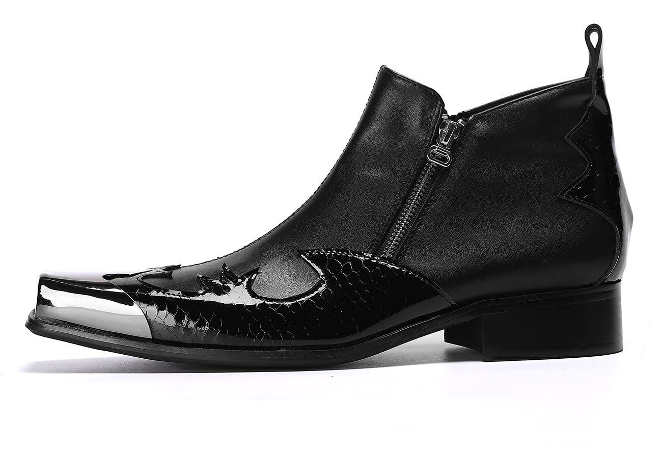 Santimon Men's Chelsea Boots - Black Leather Casual Square Toe Ankle Boots with Metal Tip & Side Zipper - Perfect for Work, Outdoor & Daily Wear
