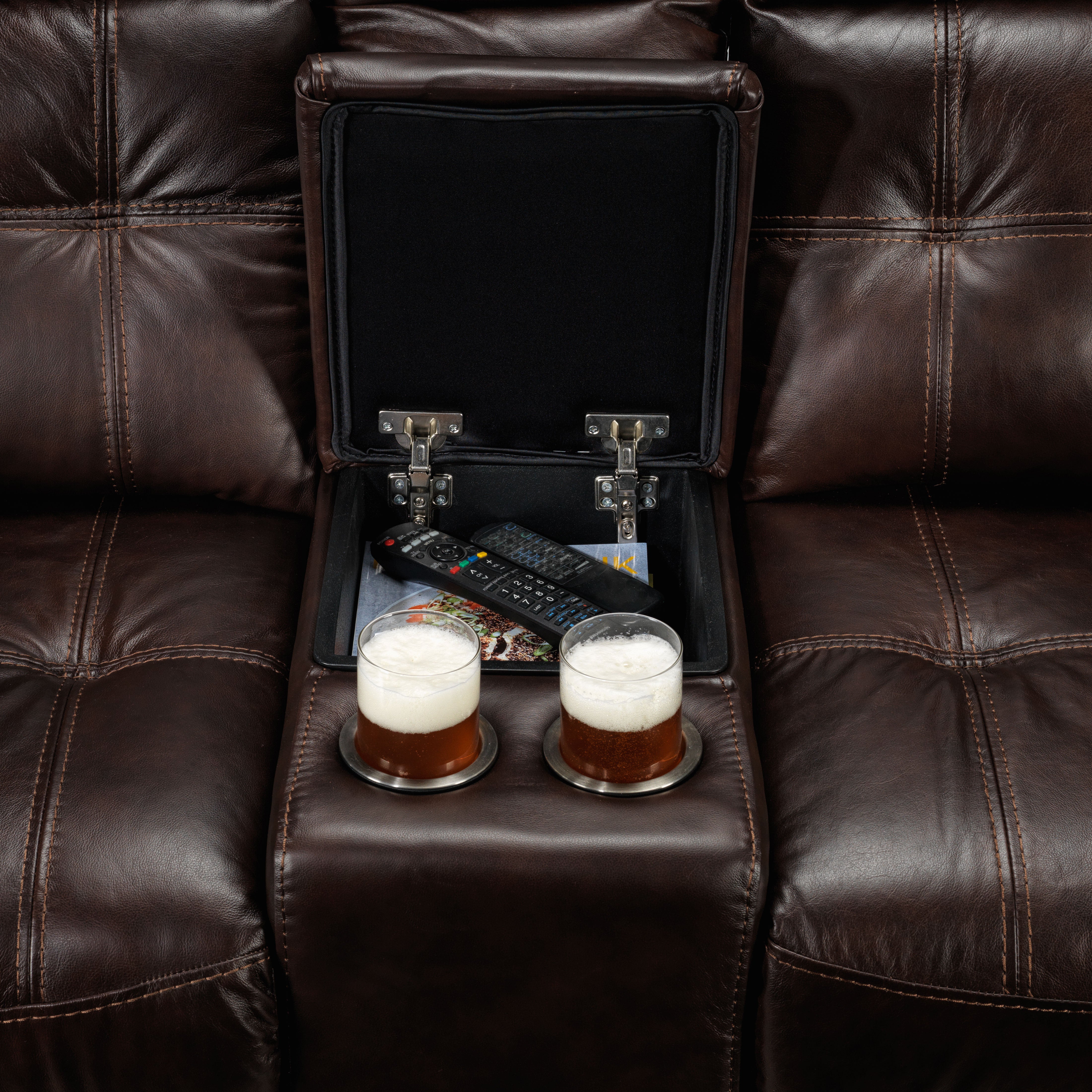 Premium Cooper Leather Reclining Sofa Set - 3-Piece Brown Leather Recliner with Loveseat & Console - Perfect for Living Room, Home Theater & Family Gatherings