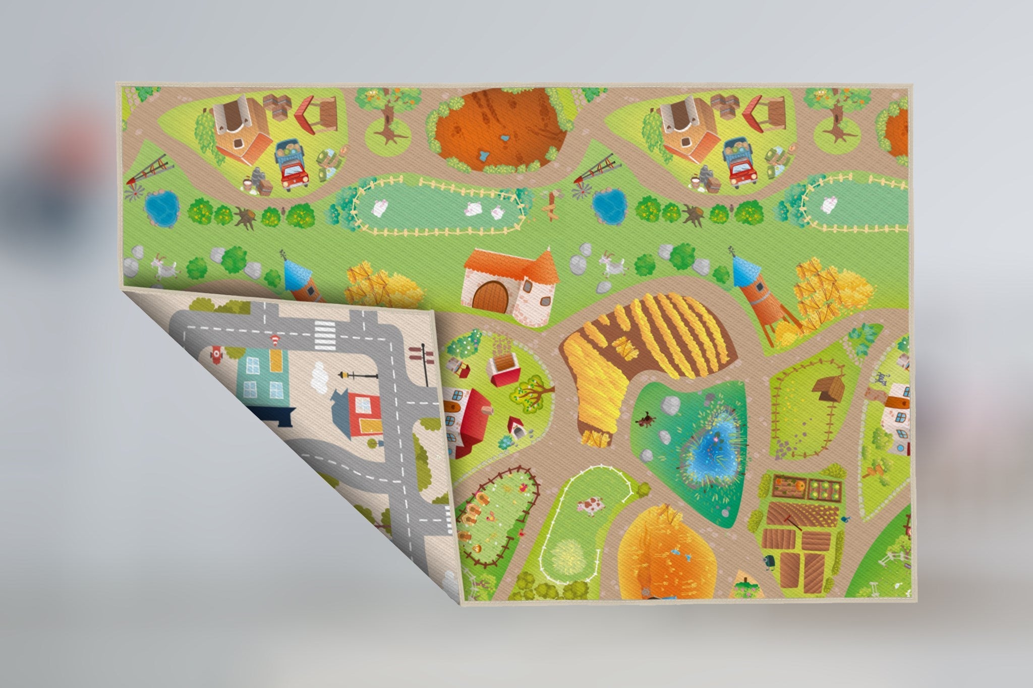 5' x 6' Yokina Farm City Reversible Waterproof Baby Playmat - Non-Toxic Crawling Mat for Nursery, Playroom & Daycare - Perfect for Infants, Toddlers & Kids Playtime