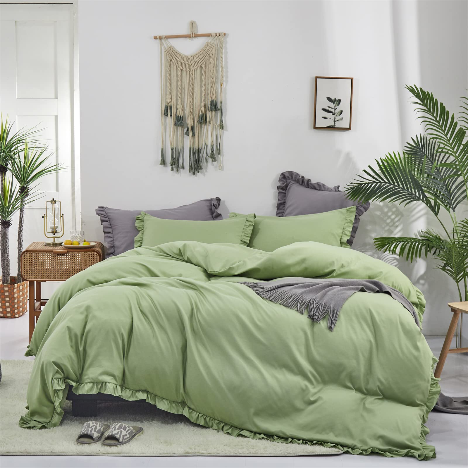Sage Green Comforter Set King Size - Ruffled Farmhouse Bedding for Shabby Chic & Vintage Rustic Decor | Cozy & Stylish for Women & Men | Perfect for Master Bedroom, Guest Room & Farmhouse Style Homes