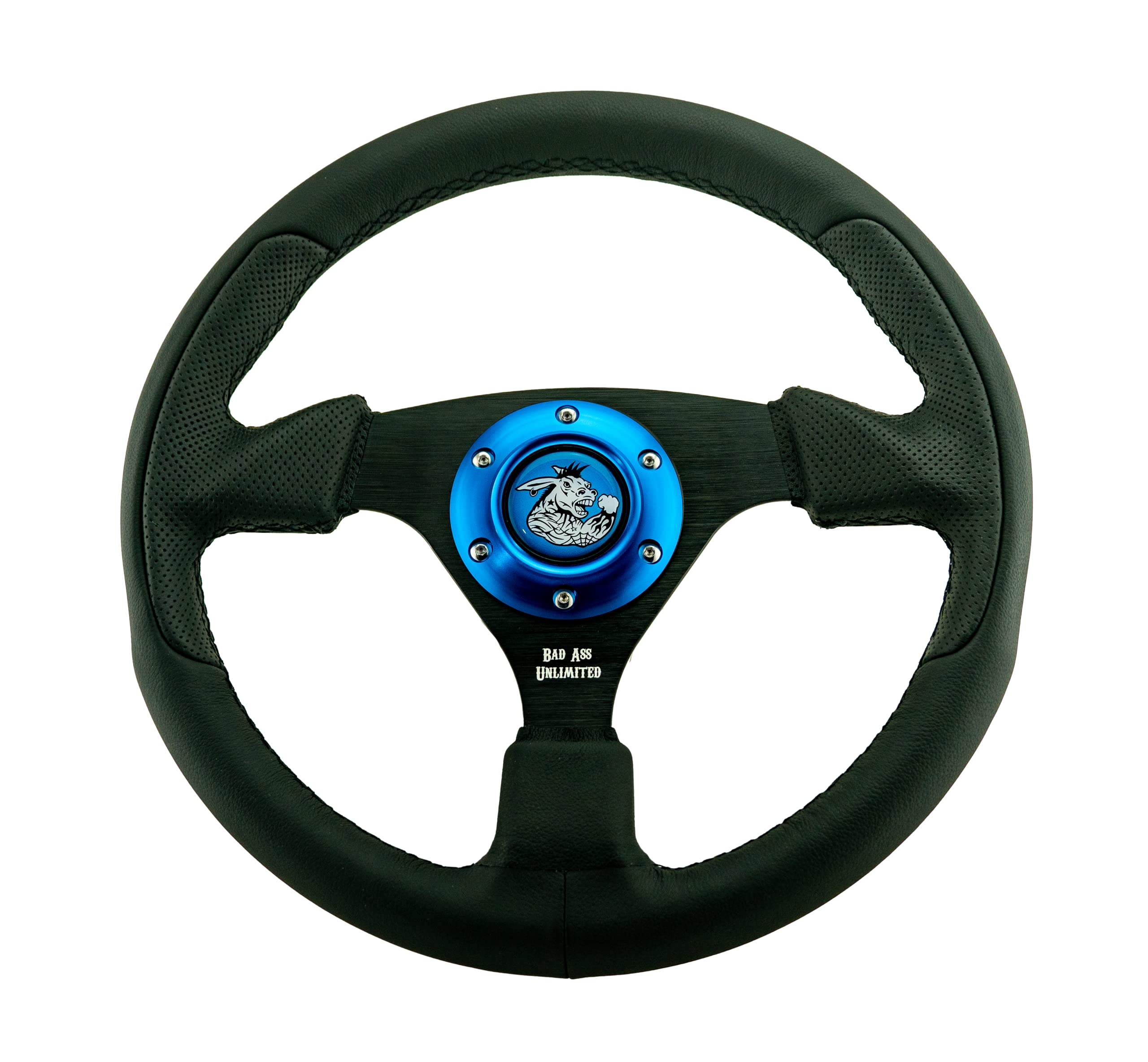 Black Leather Steering Wheel with Blue Stitch & Blue Horn Ring - Premium UTV Steering Wheel for Off-Road Vehicles, ATVs & Side-by-Sides - Durable & Comfortable Grip for Adventure Rides