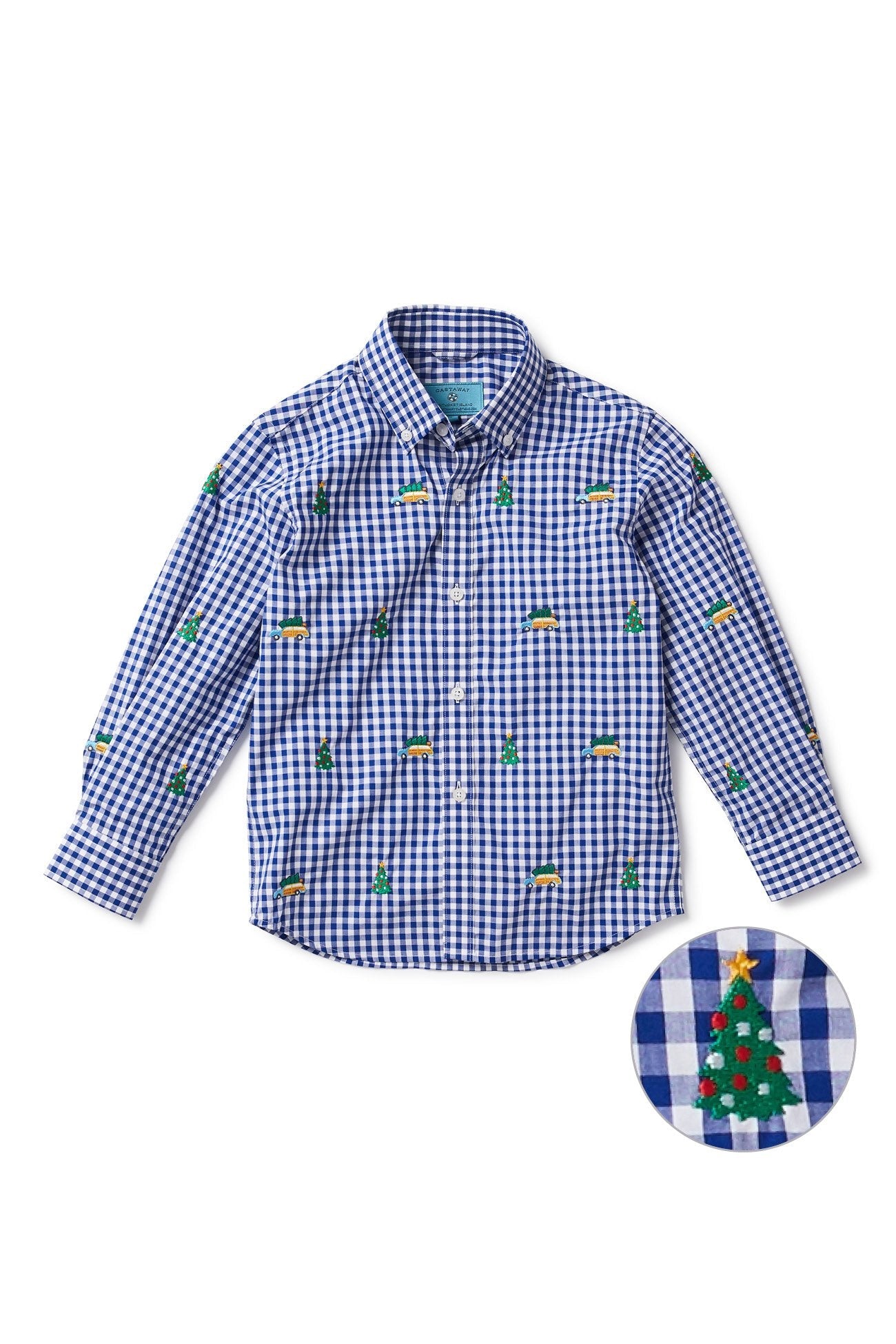 James Shirt Wide Gingham Royal Blue Checkered Button-Down Shirt with Christmas Tree Print - Perfect for Holiday Parties, Office Wear & Casual Outfits