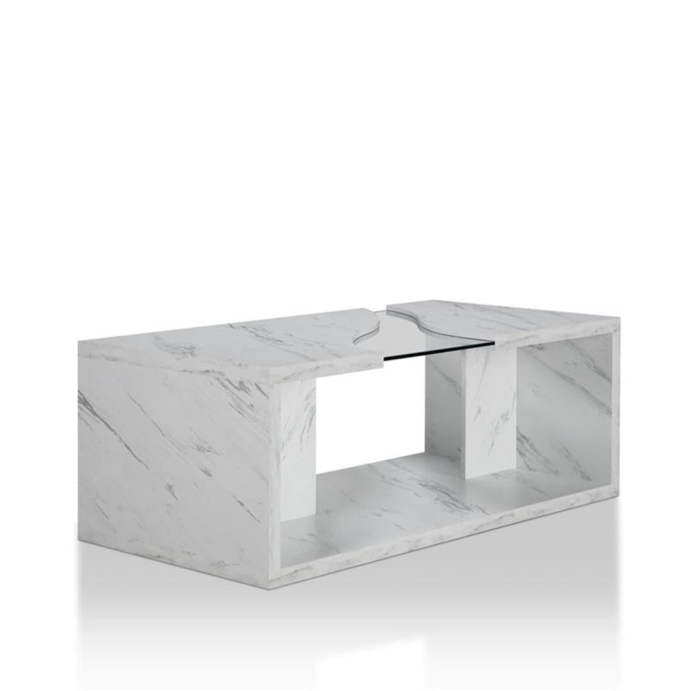 BOWERY HILL Modern Glass Top Coffee Table with Marble White Base - Perfect for Living Room, Lounge & Office Decor