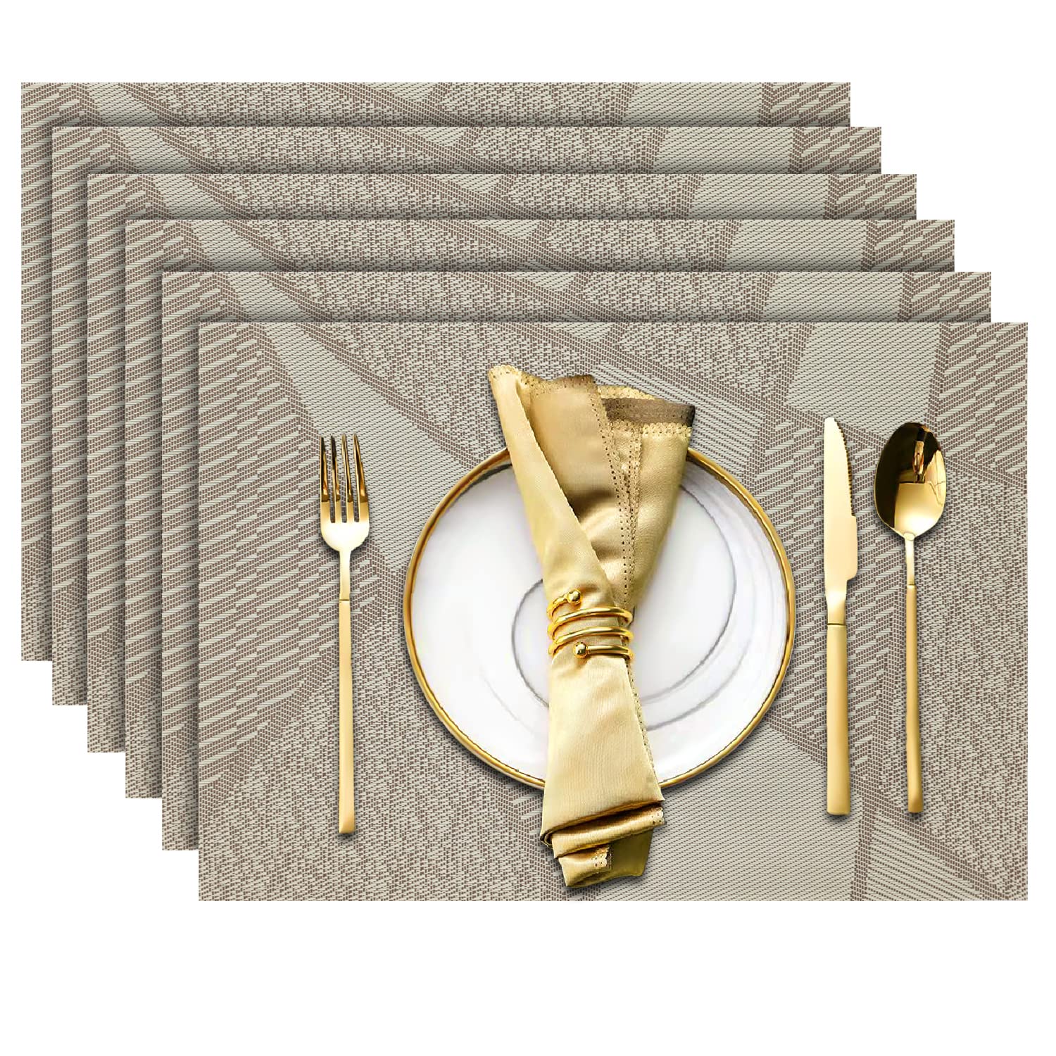 Trophable Heat Resistant Placemats Set of 6 - Non-Slip PVC Woven Vinyl Table Mats, Washable & Stain Resistant Kitchen Dining Mats for Easy Cleaning (Beige) - Perfect for Everyday Meals, Dinner Parties & Holiday Gatherings