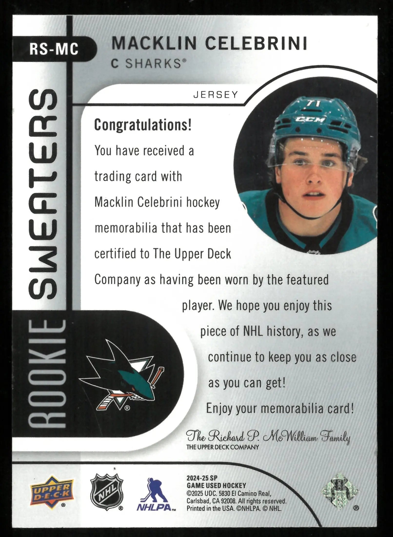 2024 Upper Deck SP Game Used Macklin Celebrini Rookie Sweaters Jersey Card /299 - Collectible Hockey Memorabilia for NHL Fans and Sports Card Enthusiasts