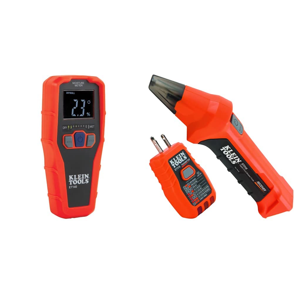 Klein Tools ET140 Pinless Moisture Meter & ET310 AC Circuit Breaker Finder with GFCI Outlet Tester - Professional Electrical Testing Kit for Home Inspection, HVAC, and Construction Projects