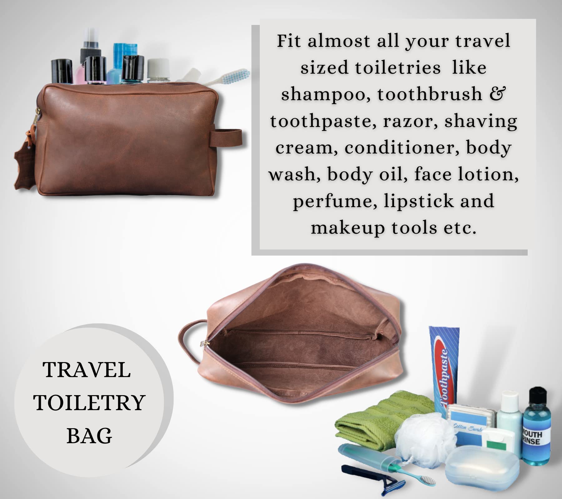Premium Genuine Leather Toiletry Bag for Men & Women - Waterproof Travel Cosmetic Case & Organizer - Ideal for Gym, Business Trips, and Vacation Essentials