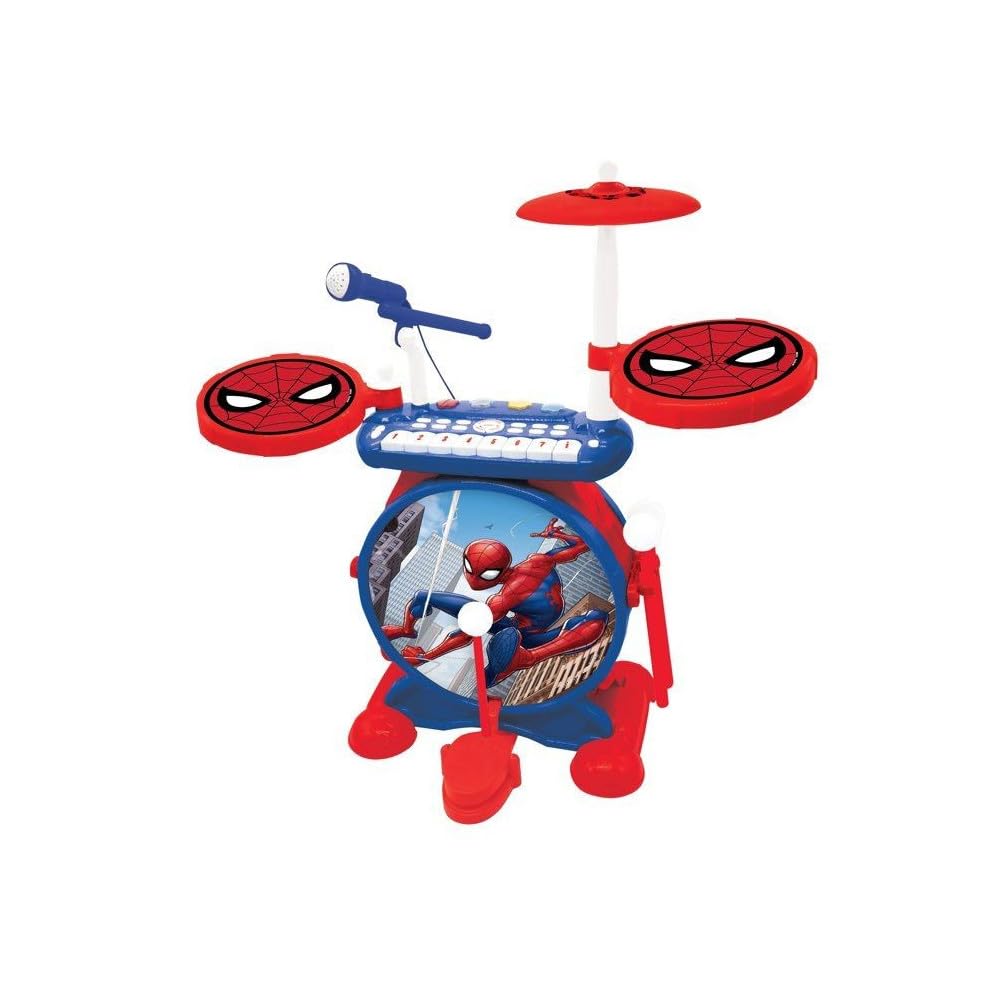 LEXIBOOK K610SP Spider-Man Electronic Music Toy Set for Kids - Interactive Drum & 8-Key Keyboard with Realistic Sounds, MP3 Plug & Included Seat (Blue/Red) - Perfect for Birthday Gifts, Playroom Entertainment & Early Music Education