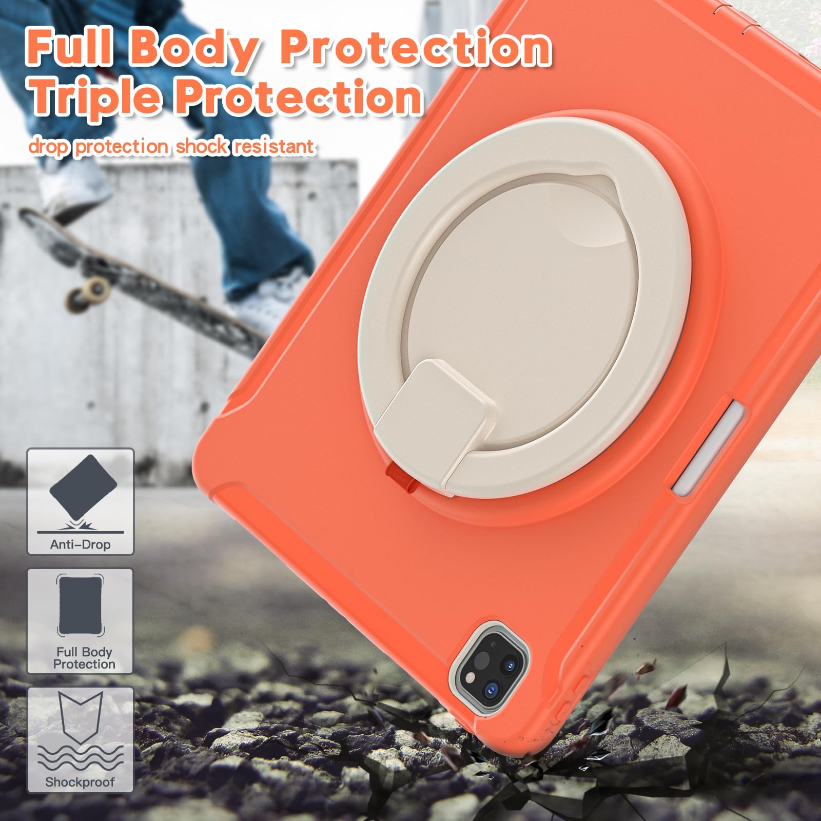 BATYUE iPad Pro 12.9 Case (6th/5th/4th/3rd Gen 2022-2018) - Shockproof Protective Cover with Apple Pencil Holder & 360° Rotating Stand | Perfect for Work, Study, and Travel - Orange