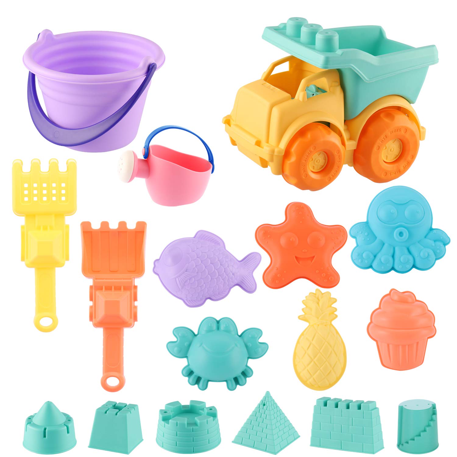 **MIFXIN 17-Piece Kids Beach Toys Set for Toddlers - Sand Truck, Bucket, Shovels, Rakes, Castle Molds & Water Can - Soft Plastic Outdoor Sand Play for Boys & Girls - Perfect for Beach, Backyard & Poolside Fun**