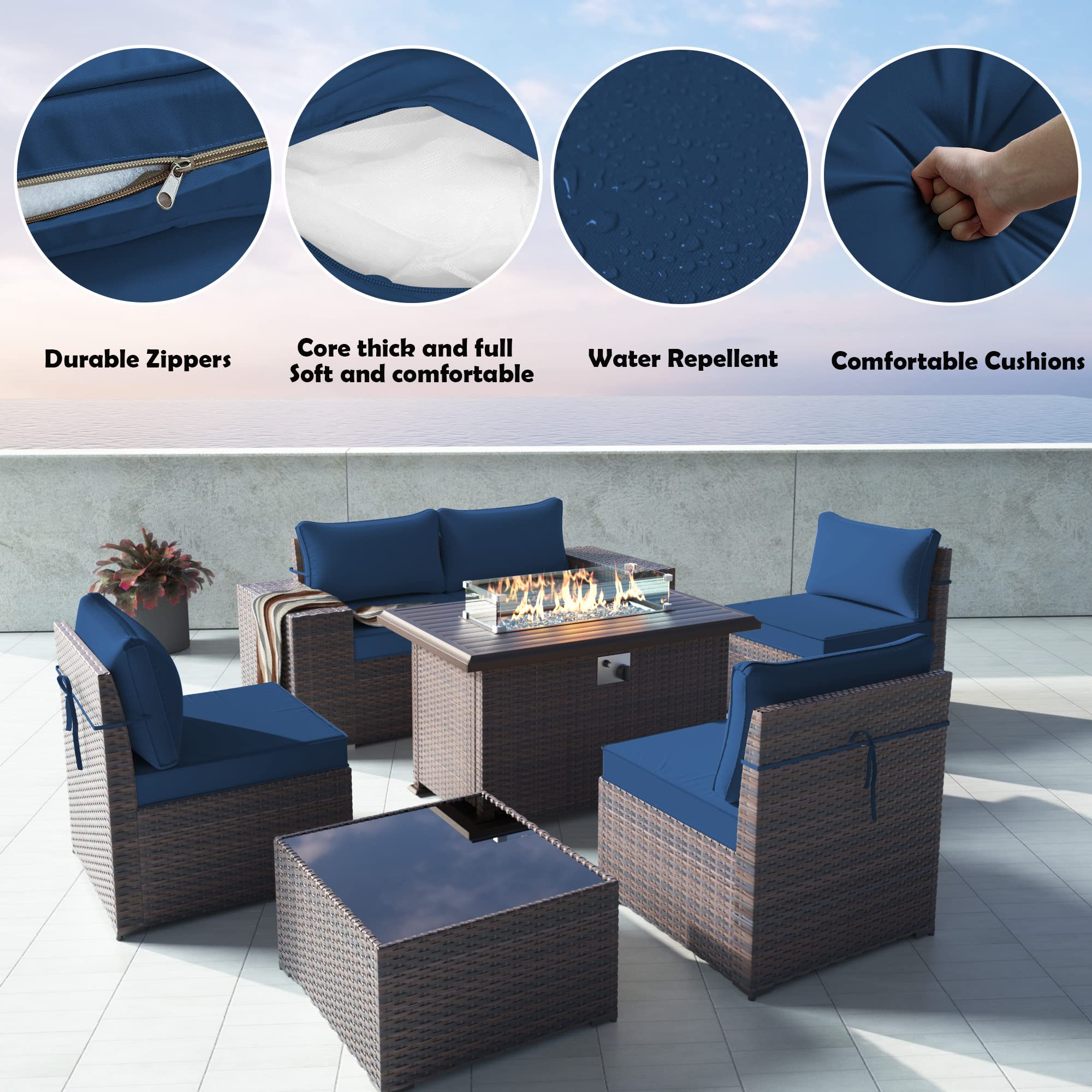 Gotland 7-Piece Outdoor Patio Furniture Set with 43-inch Gas Fire Pit Table - 55,000 BTU Auto-Ignition Sectional Sofa Set with Glass Wind Guard - Perfect for Backyard, Garden, Poolside & Outdoor Entertaining