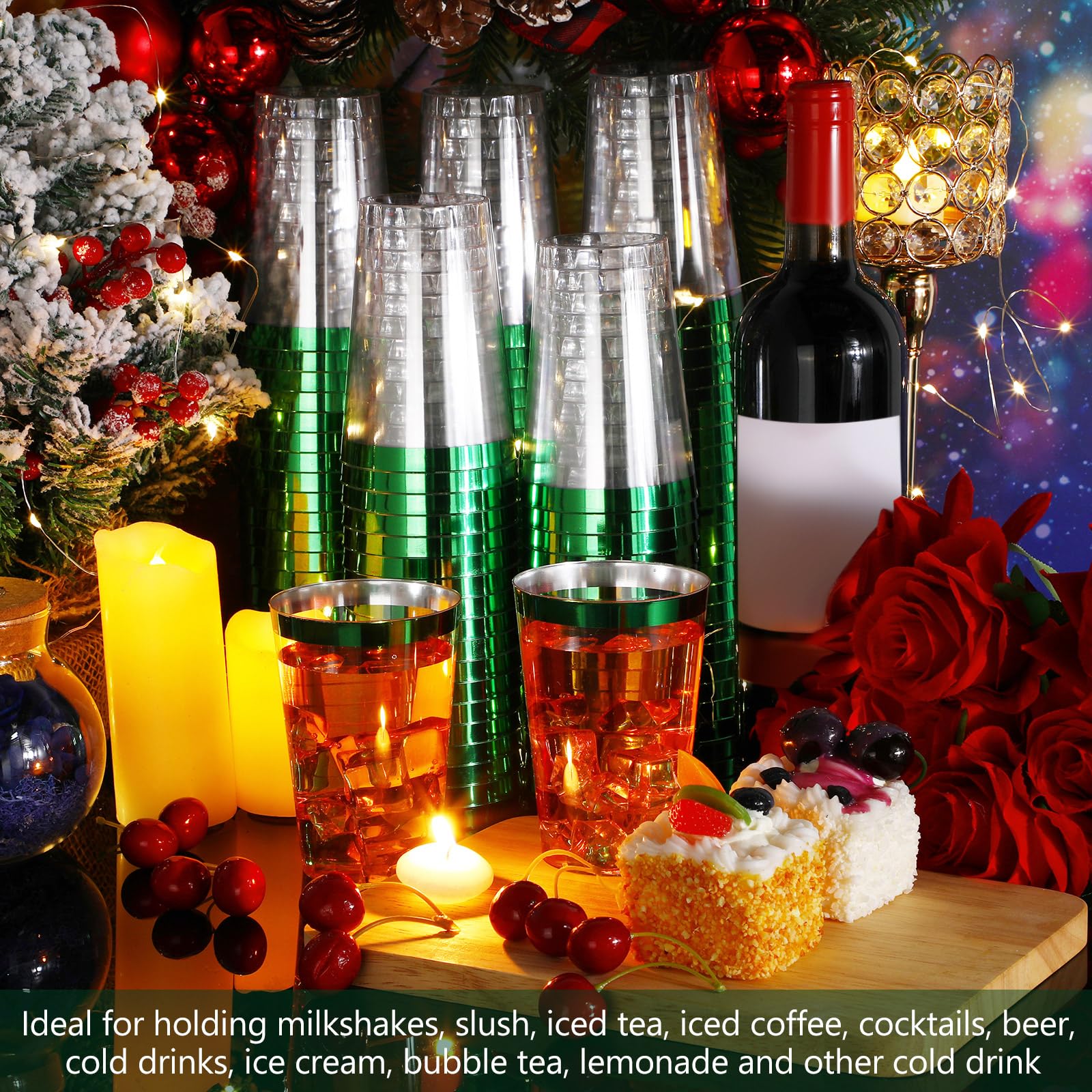 100 Pack 12 oz Clear Plastic Disposable Cups with Rim - Elegant Tumblers for Wine, Coffee & Cocktails - Perfect for Birthday, Wedding & Party Events (Green) - Durable & Stylish Drinkware for Home, Office & Outdoor Gatherings