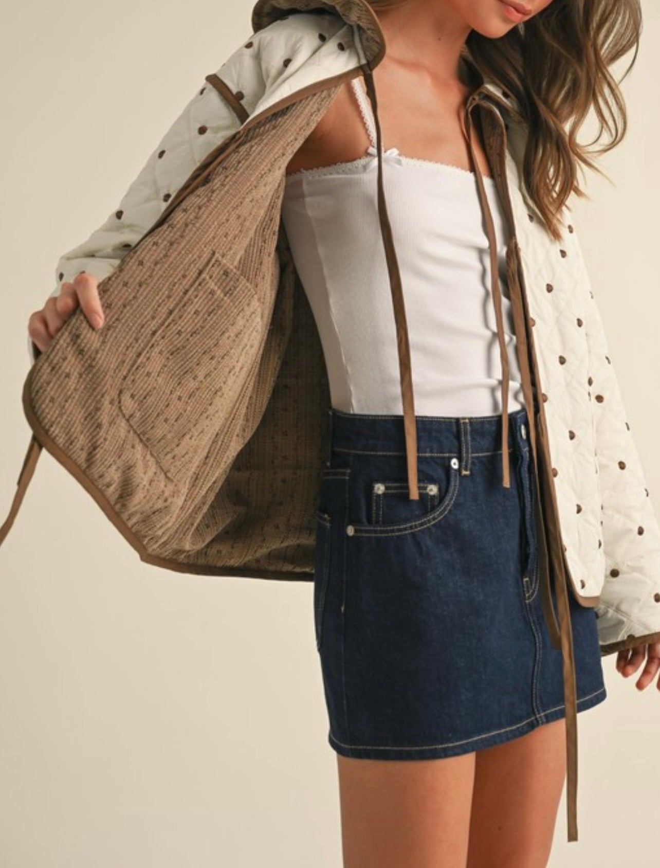 Polkadot Embroidered Quilted Jacket - Cream & Brown | Stylish Women's Outerwear for Fall & Winter | Perfect for Casual Outings, Coffee Dates & Outdoor Activities