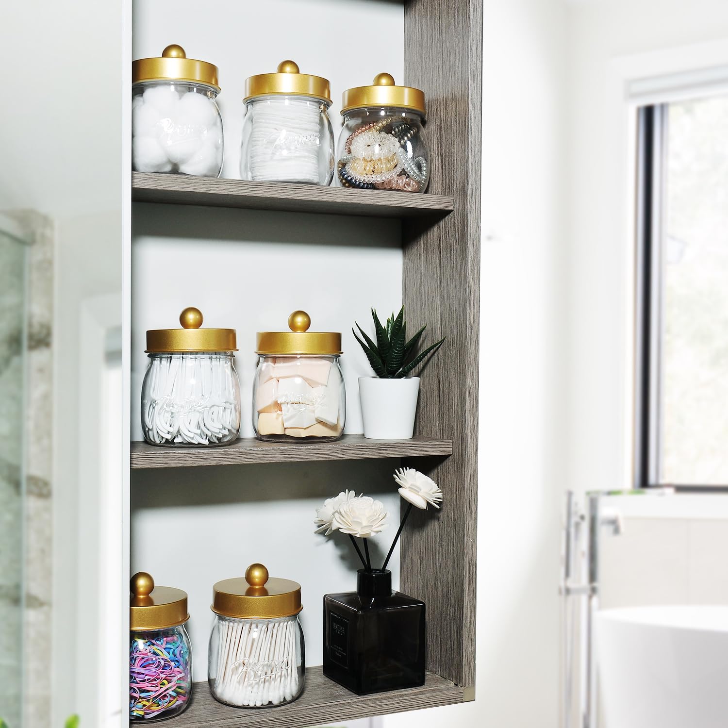 SheeChung 3-Pack Glass Apothecary Jars with Lids - Rustic Cotton Swab & Floss Pick Organizer for Bathroom Vanity, Farmhouse Decor - Gold Mason Jar Set for Home Storage & Organization (Perfect for Countertop Display & Bathroom Essentials)