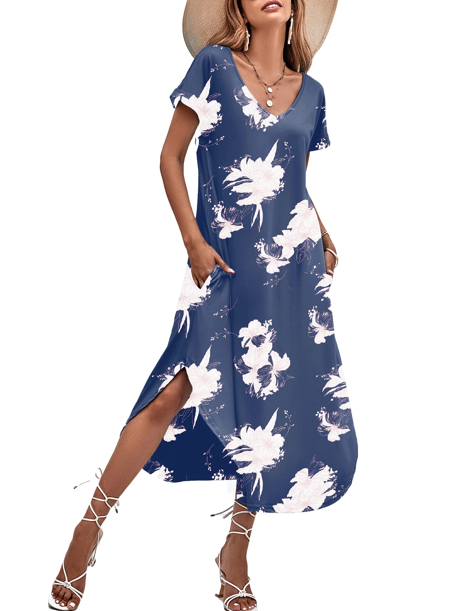 Ekouaer Women's V-Neck Nightgown - Soft Short Sleeve Sleepwear with Side Split Pockets, Comfortable Nightshirt in Sizes S-3XL - Perfect for Relaxing at Home or Overnight Travel