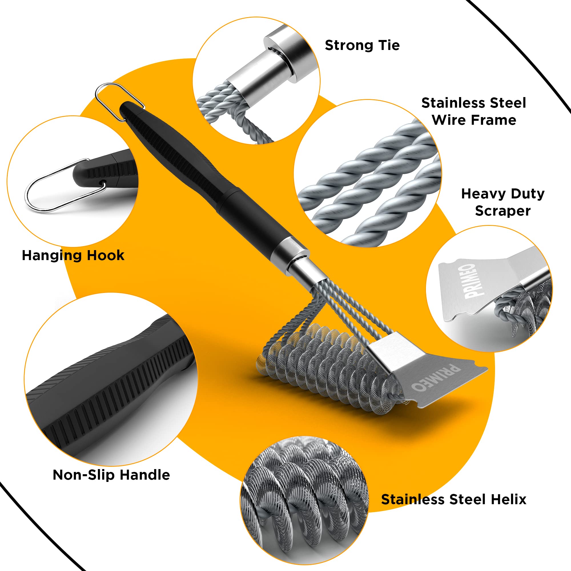 **PRIMEO Grill Brush and Scraper for Outdoor BBQ - Heavy Duty Bristle-Free Grill Cleaner with 3 Replaceable Heads | Durable Stainless Steel Safe Barbecue Brush for Gas, Charcoal & Pellet Grills | Perfect for Backyard Cookouts, Camping & Tailgating**