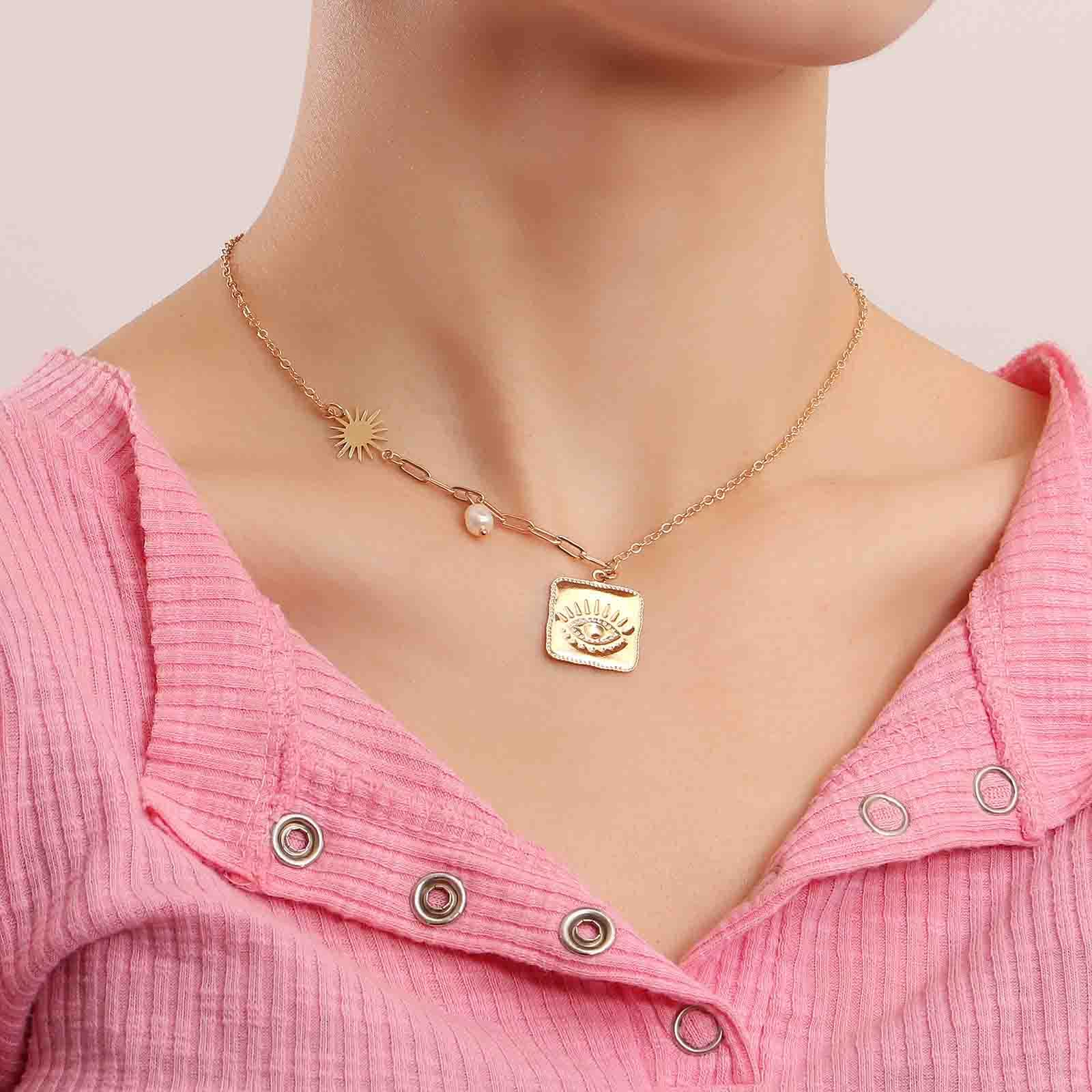 Bohemian Evil Eye Pendant Necklace - Gold Paper Clip Choker with Sun Pearl Accents | Square Metal Clavicle Chain Jewelry for Women | Perfect for Festivals, Beach Parties & Boho Fashion
