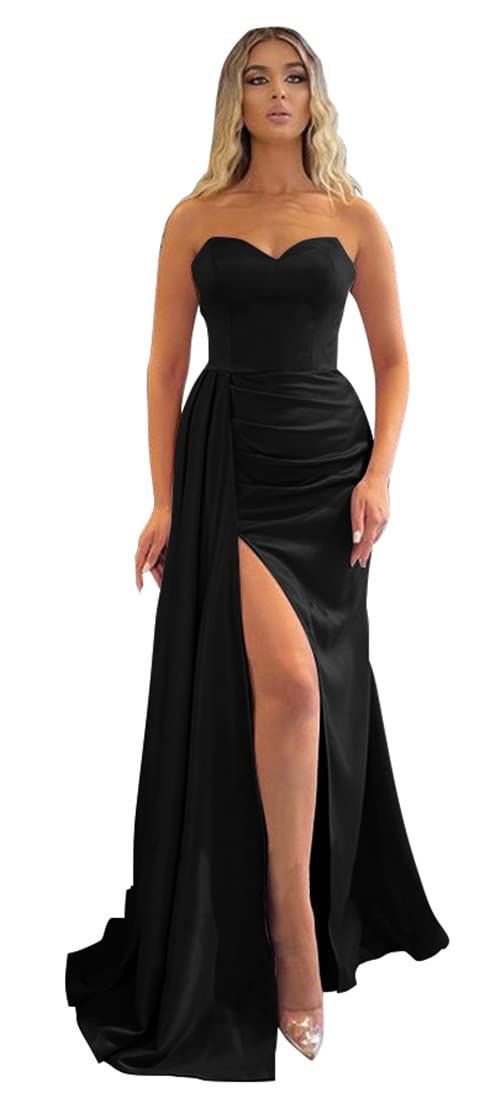 Elegant Mermaid Prom Dresses 2024 | Strapless Satin Evening Gown with High Slit & Train | Formal Bridesmaid Dress for Women | Perfect for Weddings, Galas & Special Occasions