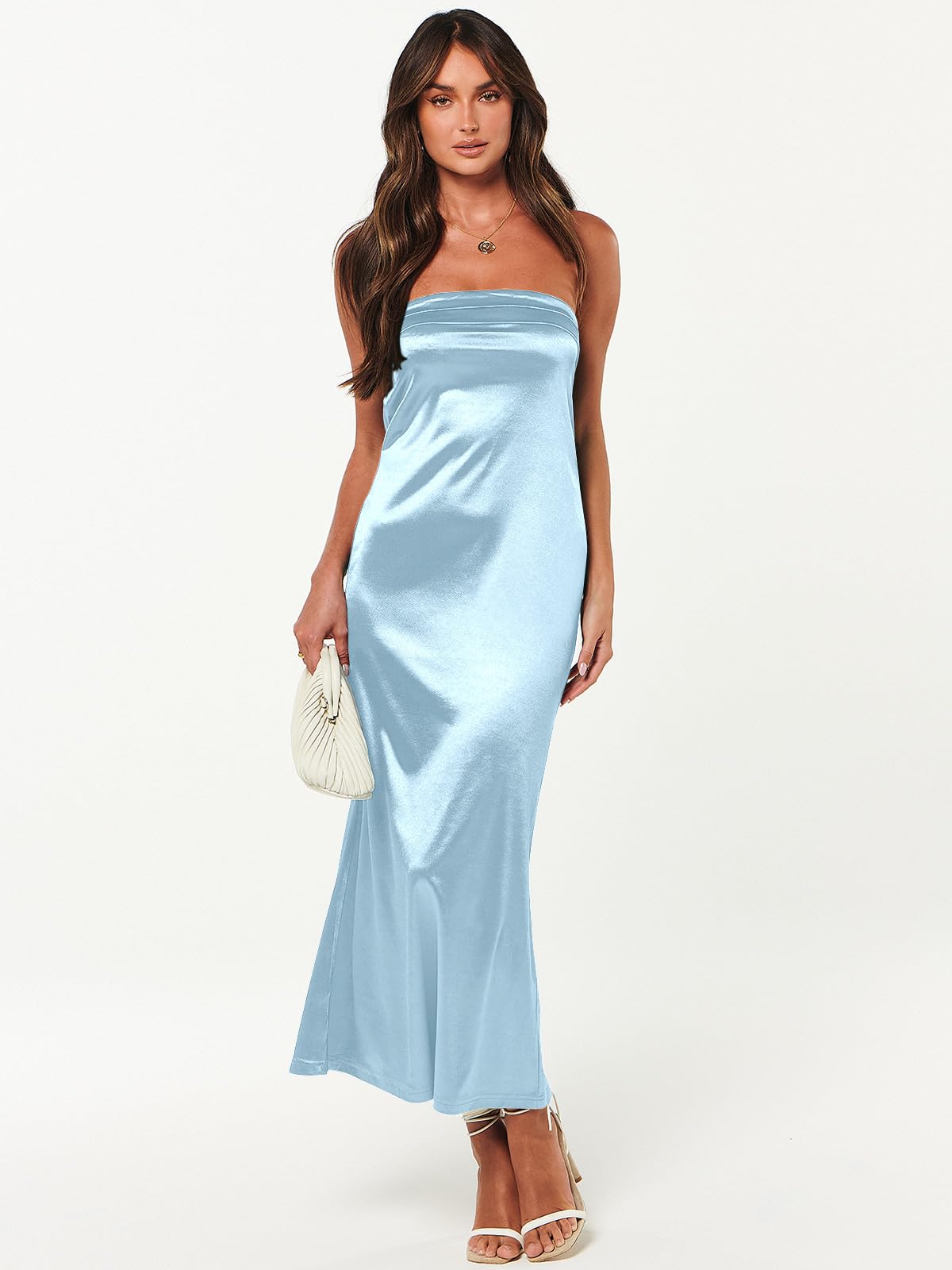 Caracilia Women's Strapless Satin Tube Bodycon Maxi Dress - Backless Formal Gown for Wedding Guest, Summer Party & Spring Occasions | Elegant Long Evening Dress for Special Events