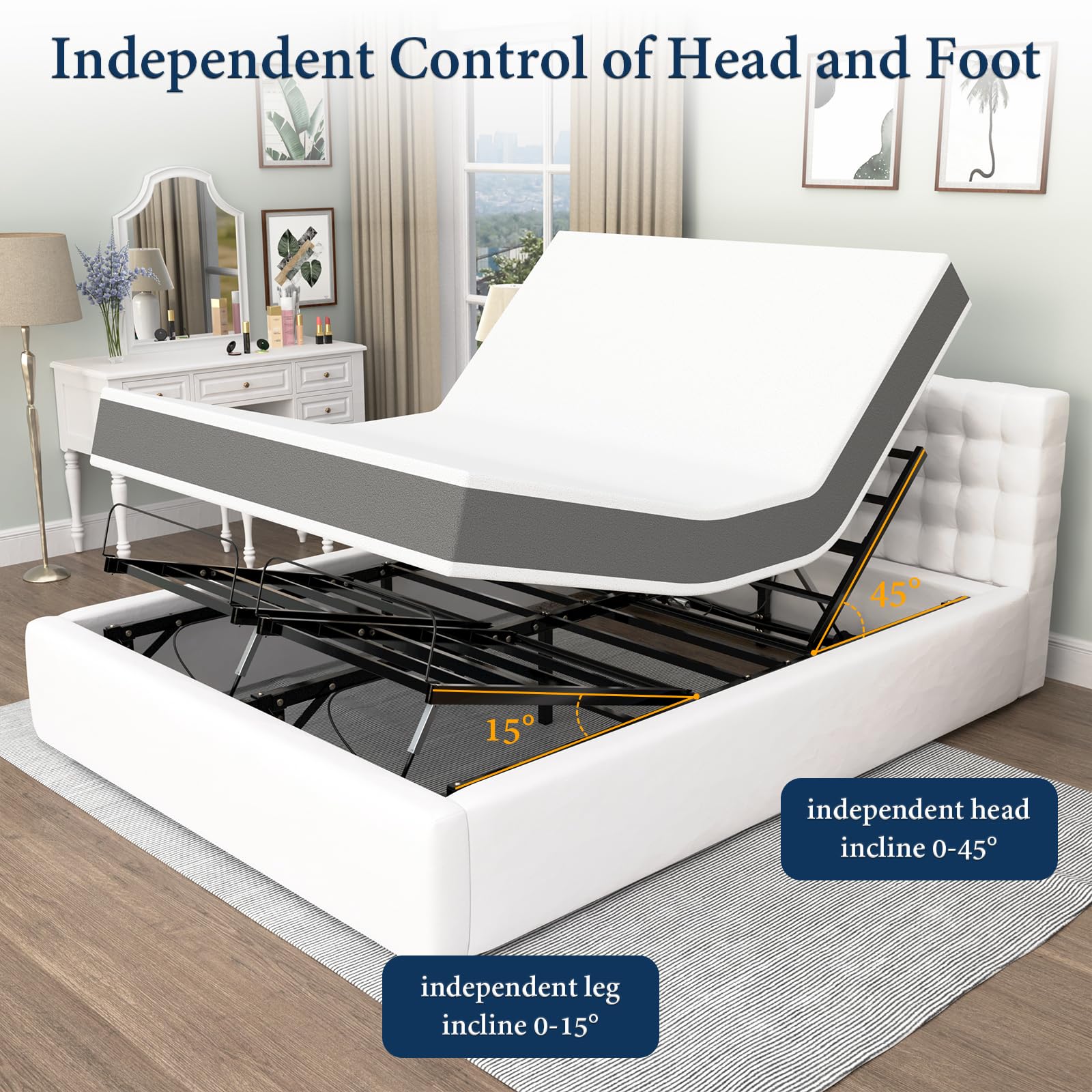 Queen Size Adjustable Bed Frame with Remote Control - 4 Quiet Motors for Head & Leg Adjustment, Reduces Snoring & Pain Relief - Perfect for Home, Hospital & Recovery Use