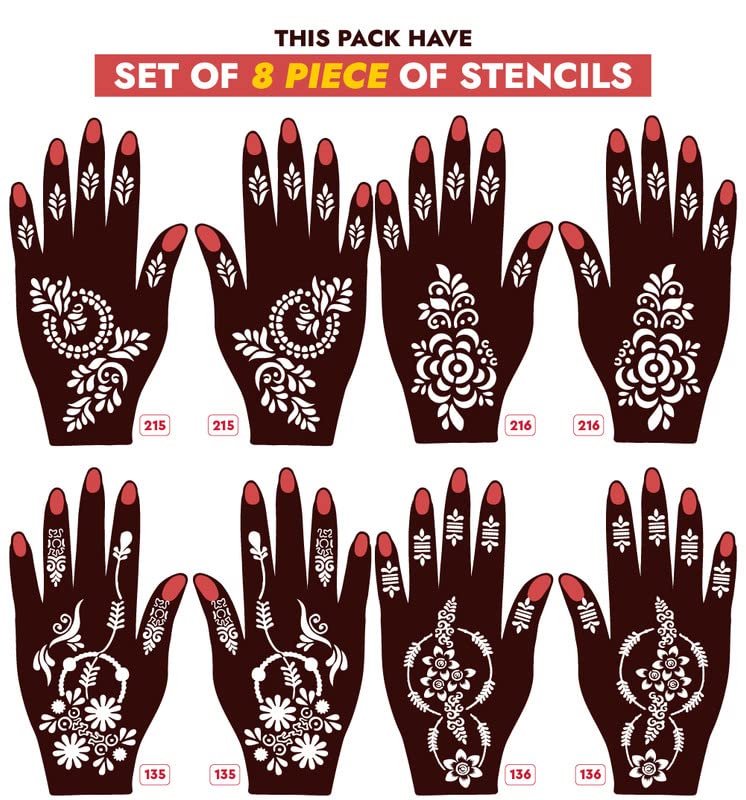 Apcute Henna Stencil Kit - 8 Pcs Reusable Mehendi Design Templates for Hands, Easy DIY Body Art for Women, Girls & Kids | Perfect for Weddings, Festivals & Special Occasions