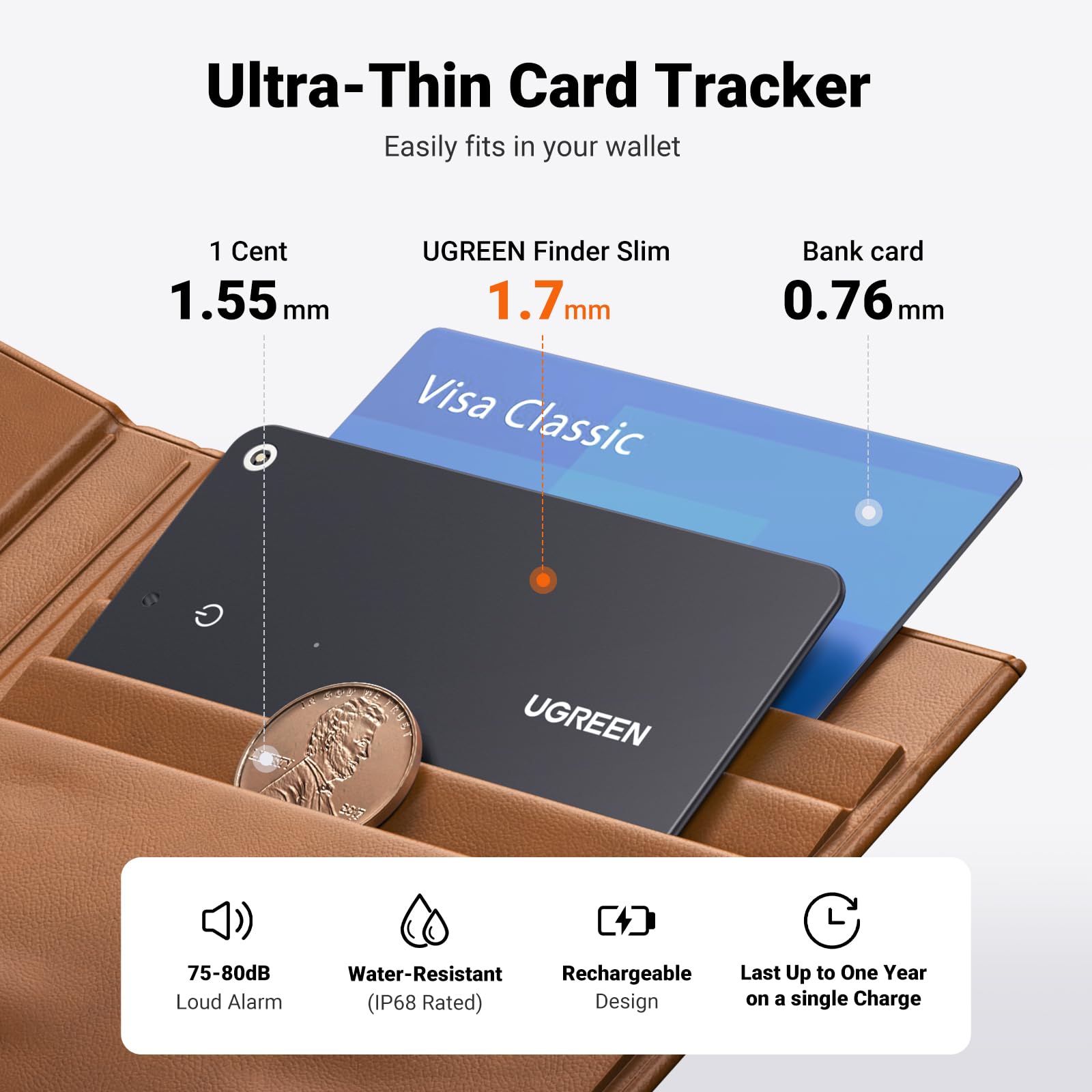 UGREEN FineTrack Slim Smart Finder for Apple Find My (iOS) - 1.7mm Ultra Slim IP68 Waterproof Bluetooth Tracker Card for Wallet, Keys & Luggage - Perfect for Travel, Office & Daily Essentials Tracking