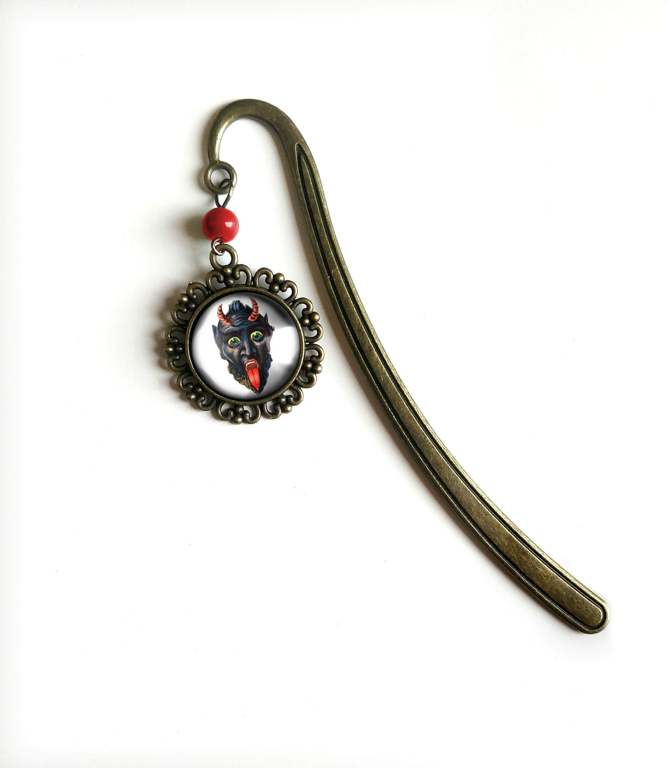 Victorian Krampus Face Gothic Christmas Brass Bookmark with Reverse Decoupage Glass Cabochon - Perfect for Dark Holiday Gifts, Book Lovers & Gothic Decor