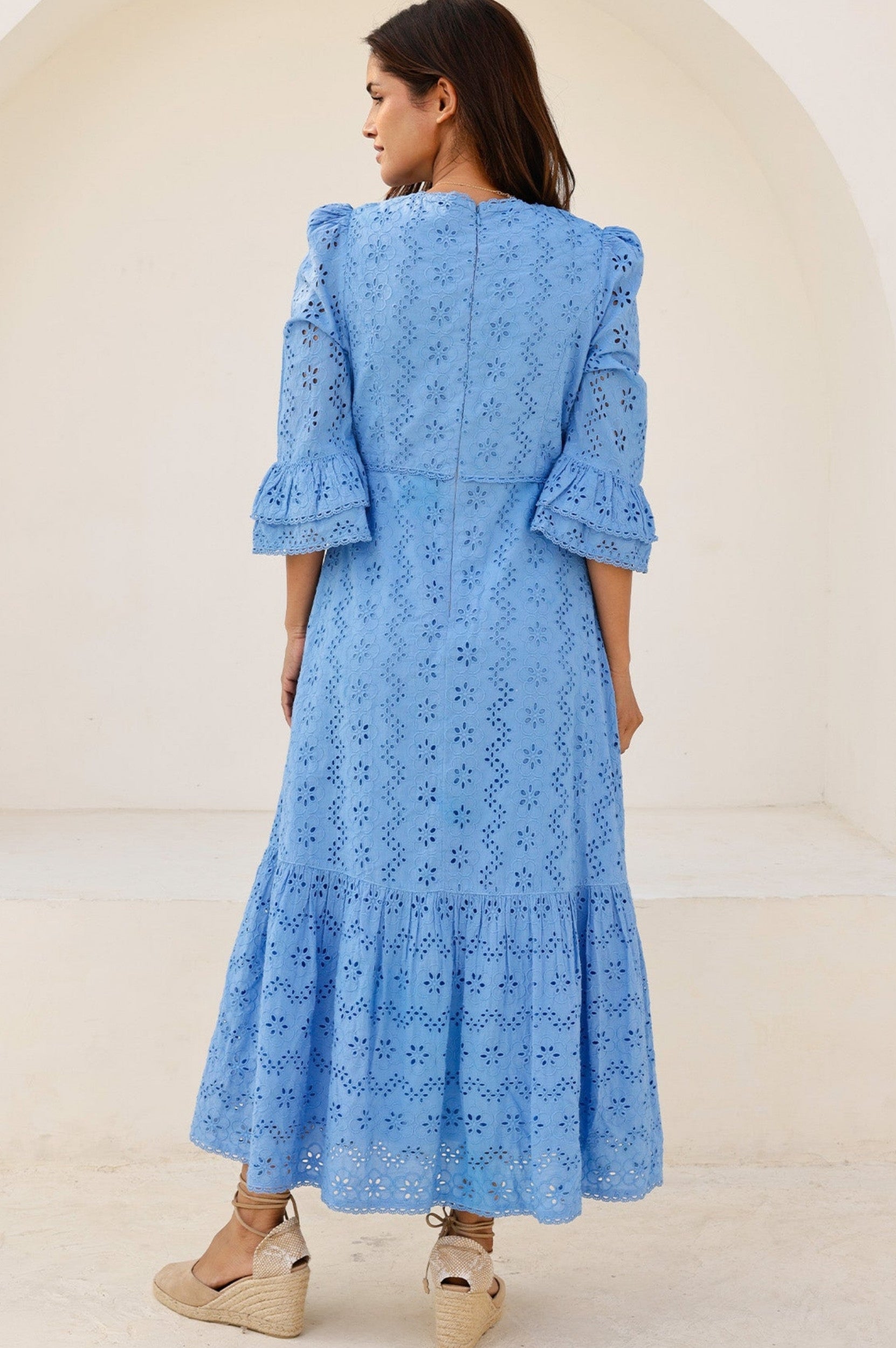 Victoria Broderie Floral Embroidered Summer Dress for Women - Blue Flowy Maxi Dress | Beach Wedding, Vacation & Party Wear