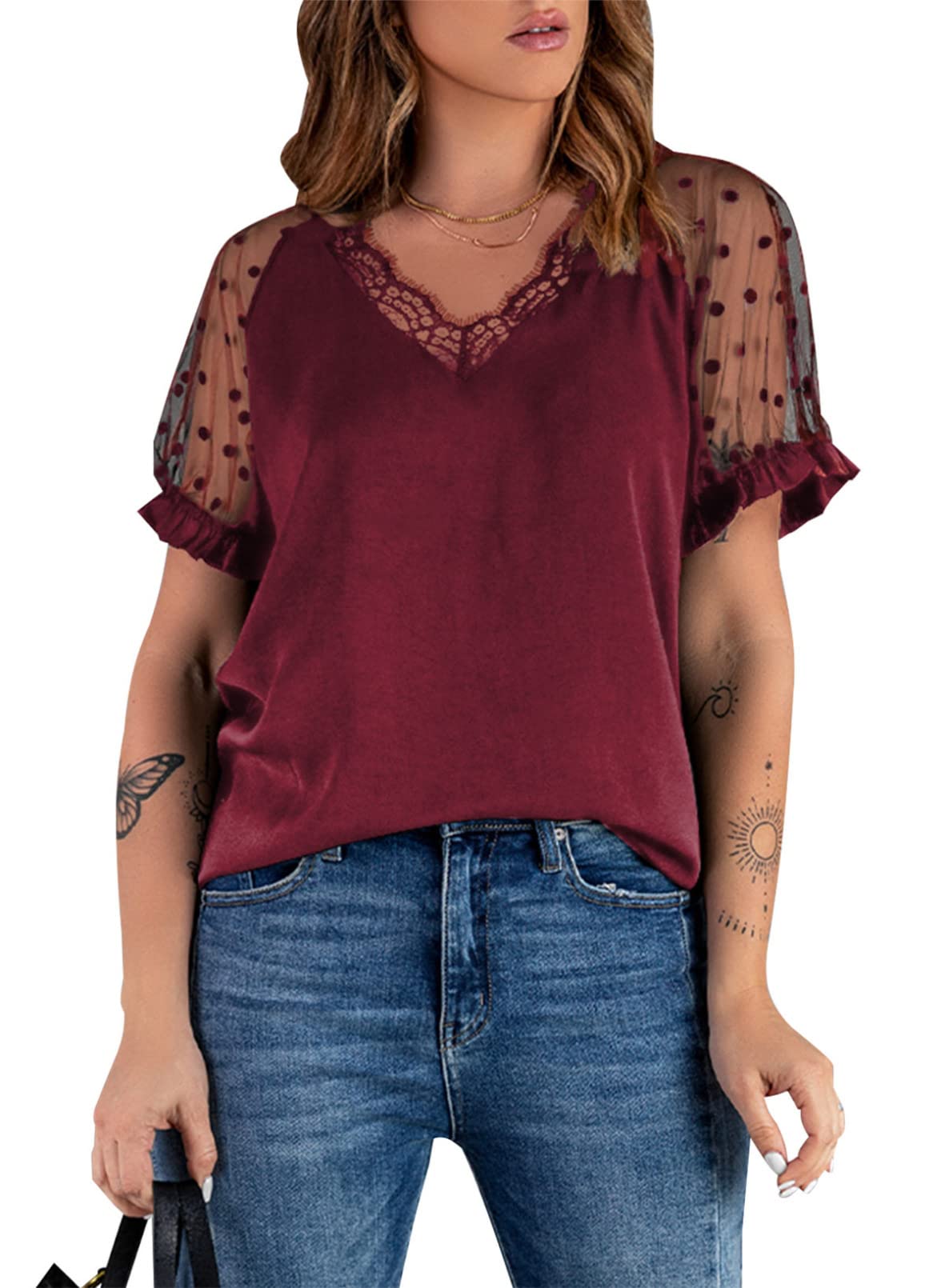 EVALESS Women's V-Neck Lace Trim Mesh Short Sleeve T-Shirt - Polka Dot Blouse for Casual Wear, Office Outfits & Summer Fashion
