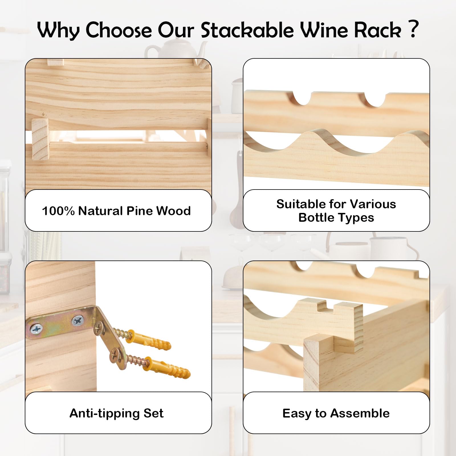DlandHome 10-Tier Stackable Wine Rack - 100 Bottle Capacity Freestanding Modular Wine Storage Shelf - Natural Wood Wine Bottle Organizer for Kitchen, Bar, Dining Room & Wine Cellar - Perfect for Home Entertaining & Wine Collection Display