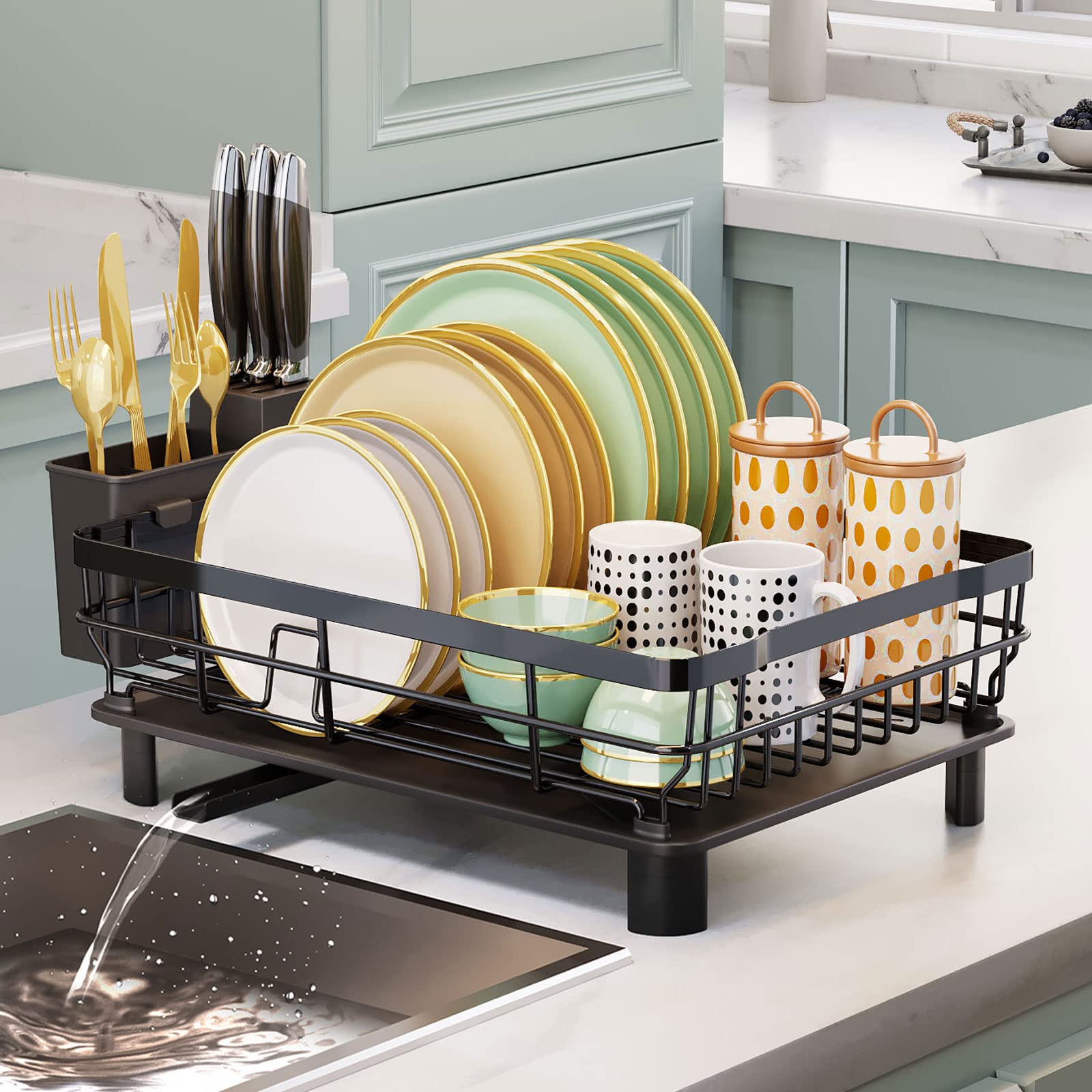 Stainless Steel Dish Drying Rack with Drainboard - Expandable Kitchen Counter Organizer with Utensil Holder & Knife Slots - Perfect for Small Spaces, Apartments, and RV Kitchens - Black