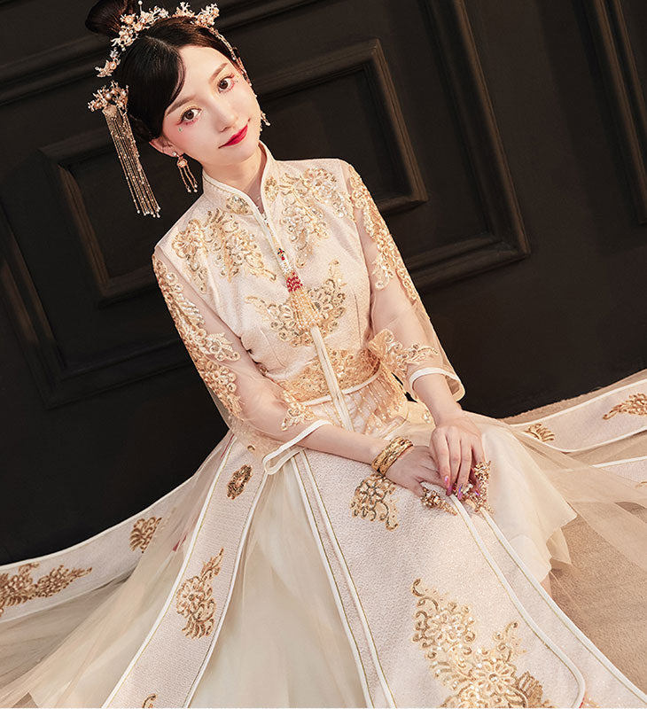 Champagne Embroidered Wedding Qipao Dress - Elegant Summer Bridal Gown for Chinese Tea Ceremony & Reception