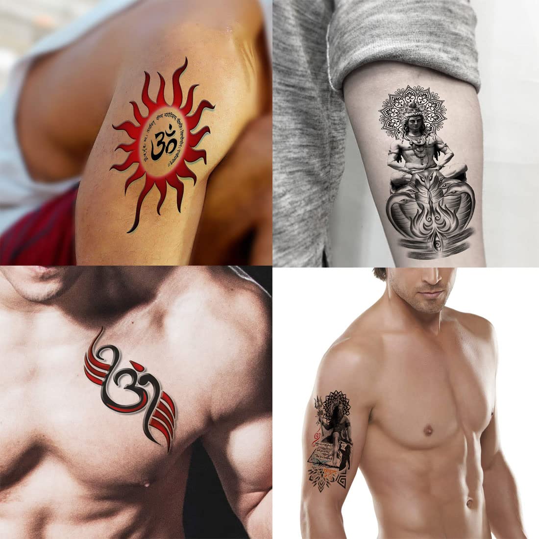Om God Shiva Black Art Temporary Tattoos - Pack of 4 Waterproof Body Stickers (2x4 Inch) for Men & Women | Perfect for Festivals, Yoga, Spiritual Events & Costume Parties