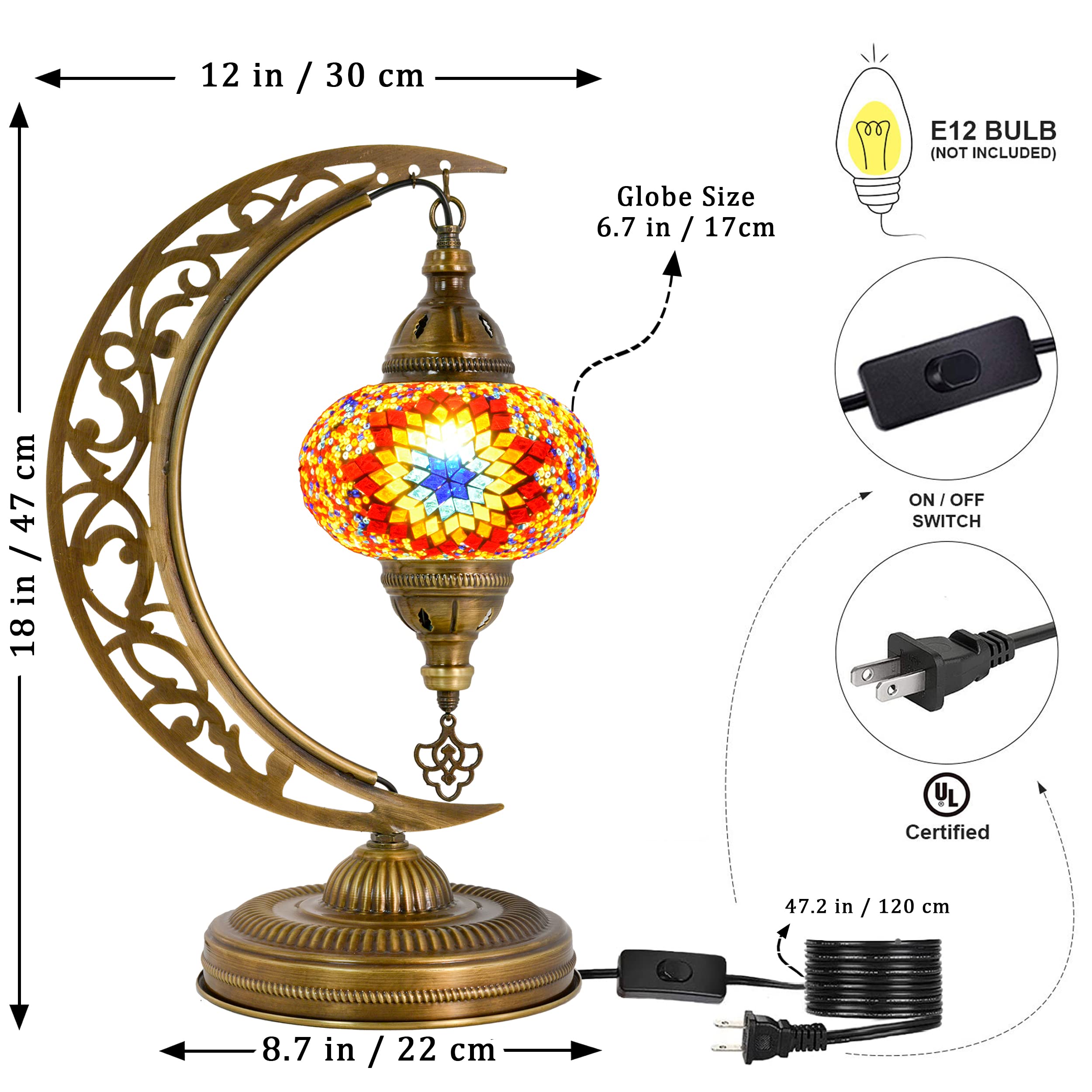 Mozaist Turkish Tiffany Style Moon Shape Table Lamp - Handcrafted Moroccan Mosaic Crescent Desk Light with Stained Glass, E12 Socket & US Plug | Rustic Home Decor for Bedroom, Living Room & Dining Room (Sunflower Design)