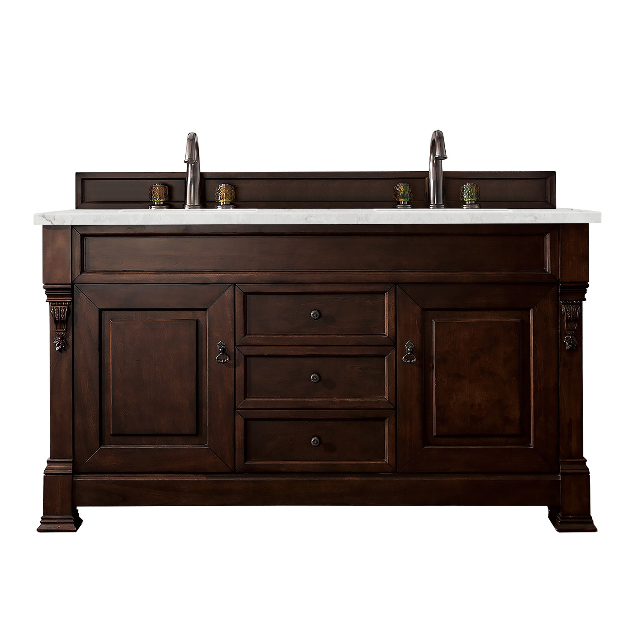Brookfield 60-Inch Double Bathroom Vanity with Burnished Mahogany Base & 3CM Eternal Jasmine Pearl Quartz Countertop - Perfect for Master Bathrooms and Luxury Home Renovations